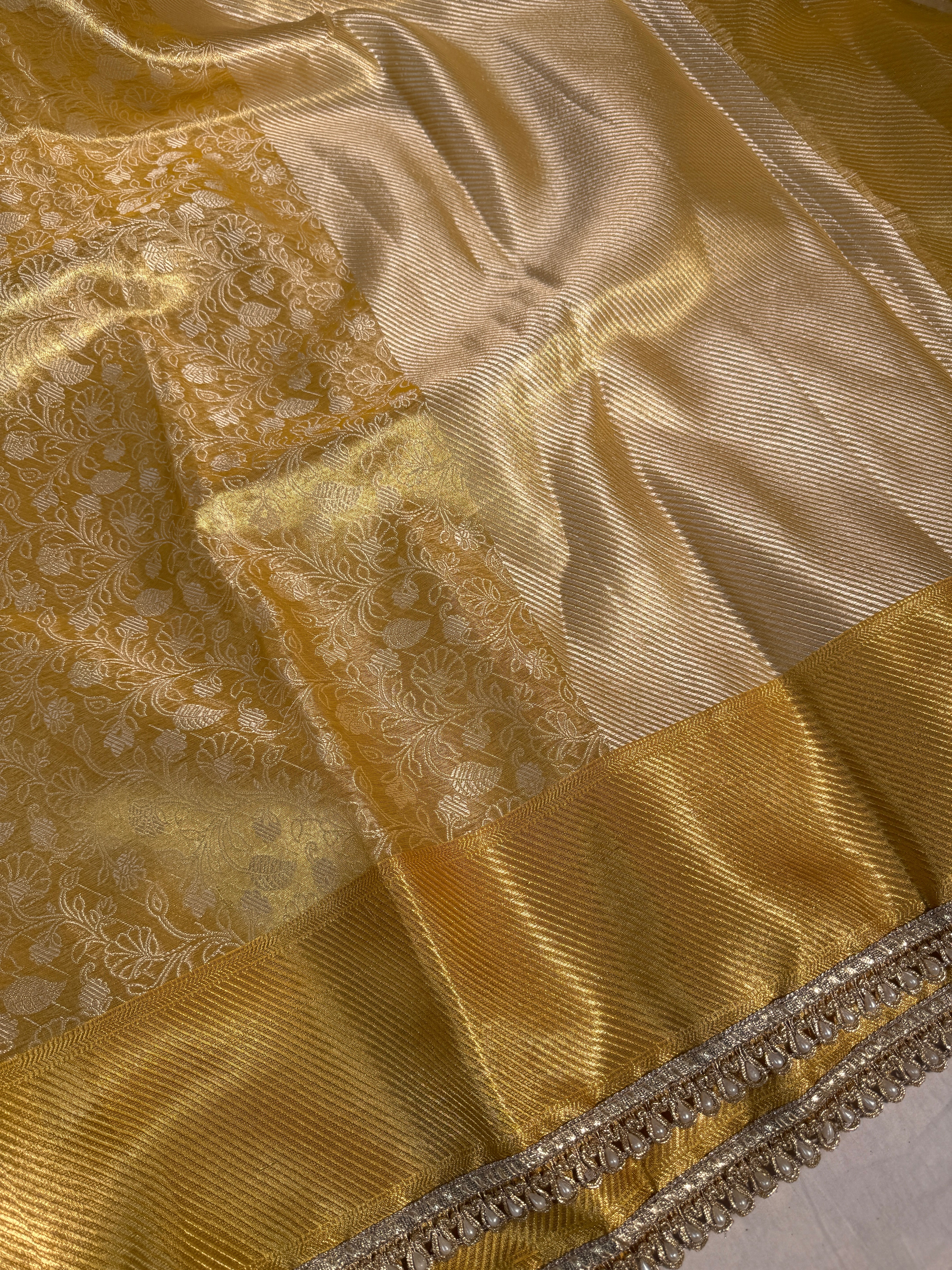 Celebrity Inspired Premium Kanjeevaram Tissue Silk Banarasi Saree with Moti Lace