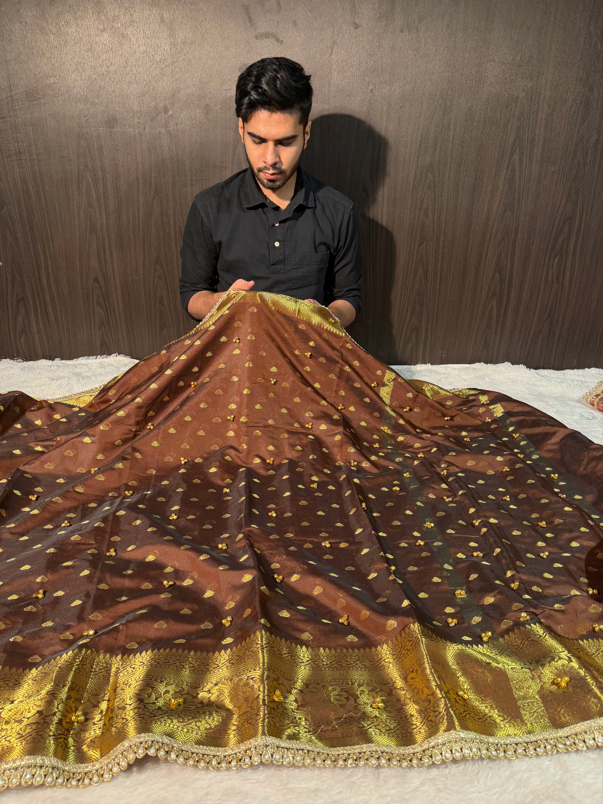 Viral Ghungroo Handwork Brown Premium Katan Silk Banarasi Saree