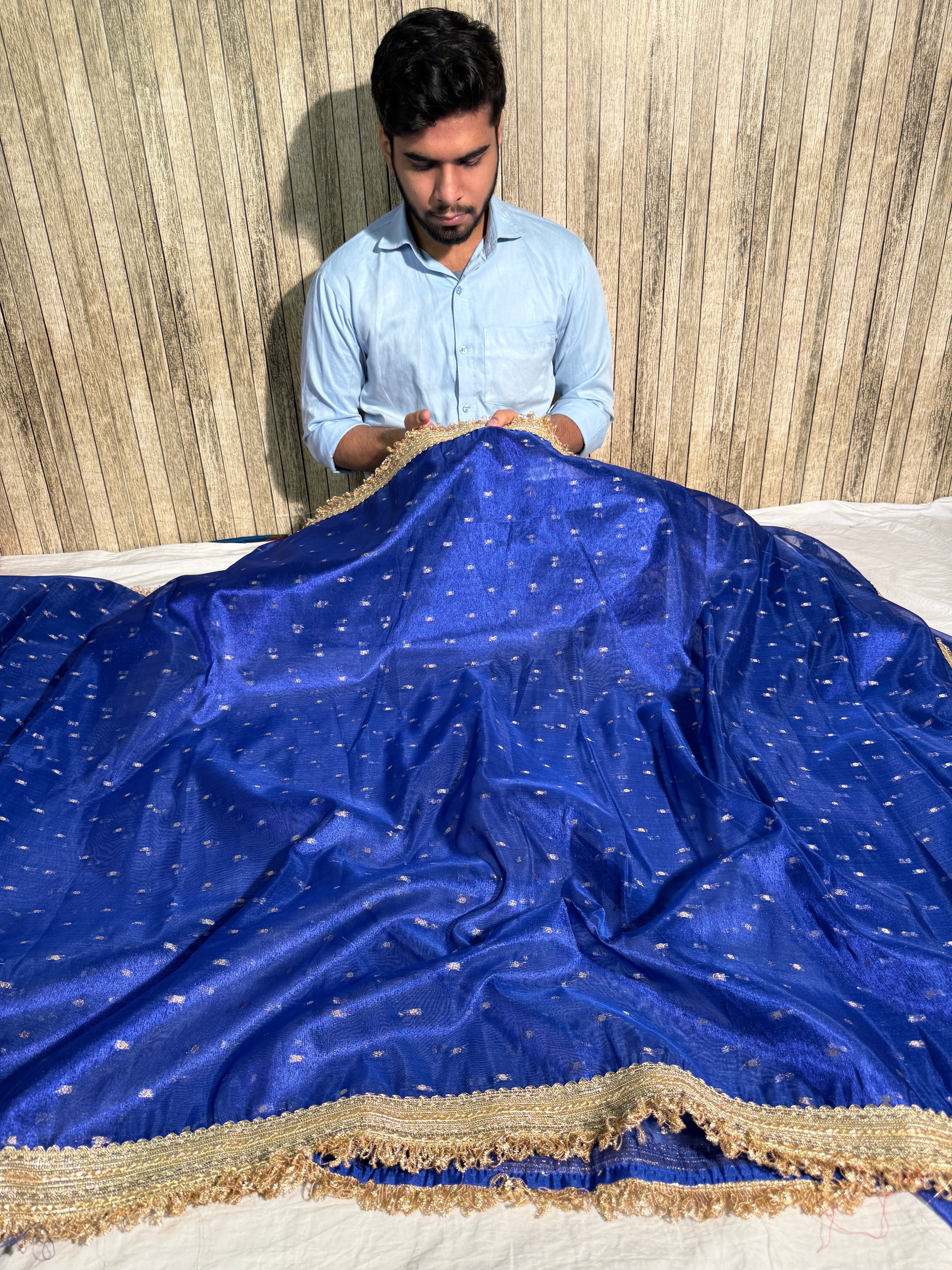 Metallic Royal Blue Premium Tissue Silk Lace Attached Banarasi Saree