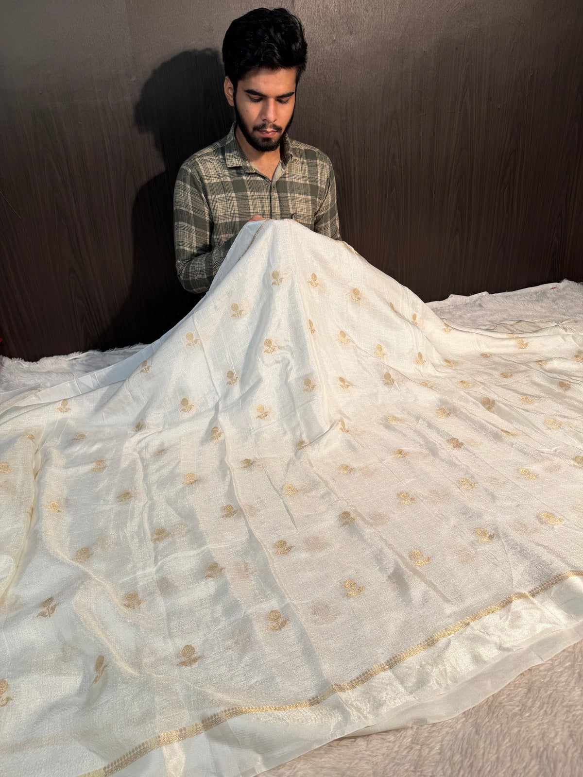 Light Cream Premium Viscose Georgette Silk Banarasi Saree with Tassles