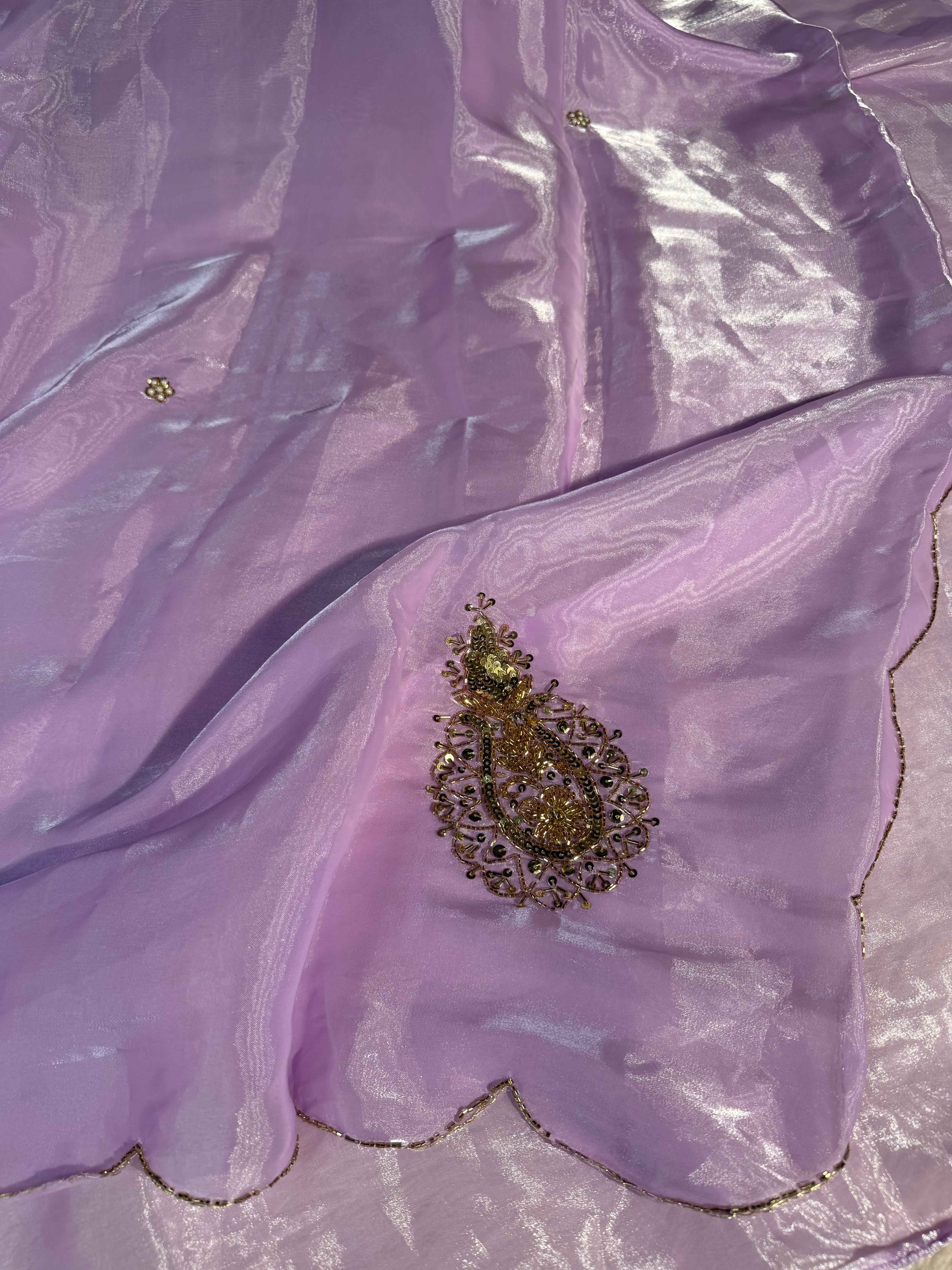 Lavendar Shade Premium Shimmery Tissue Silk Handwork Saree
