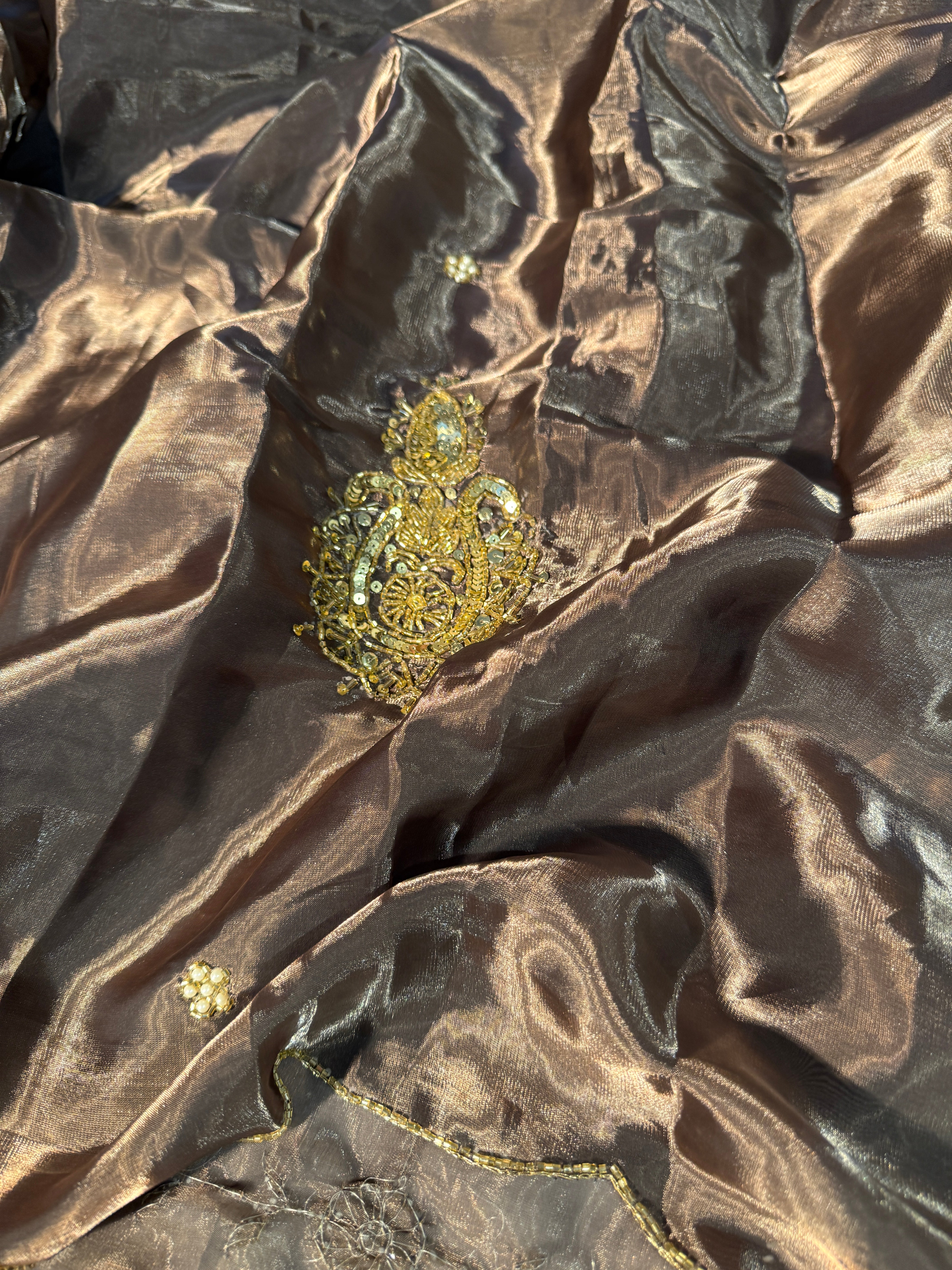 Brown Premium Shimmery Tissue Silk Handwork Saree