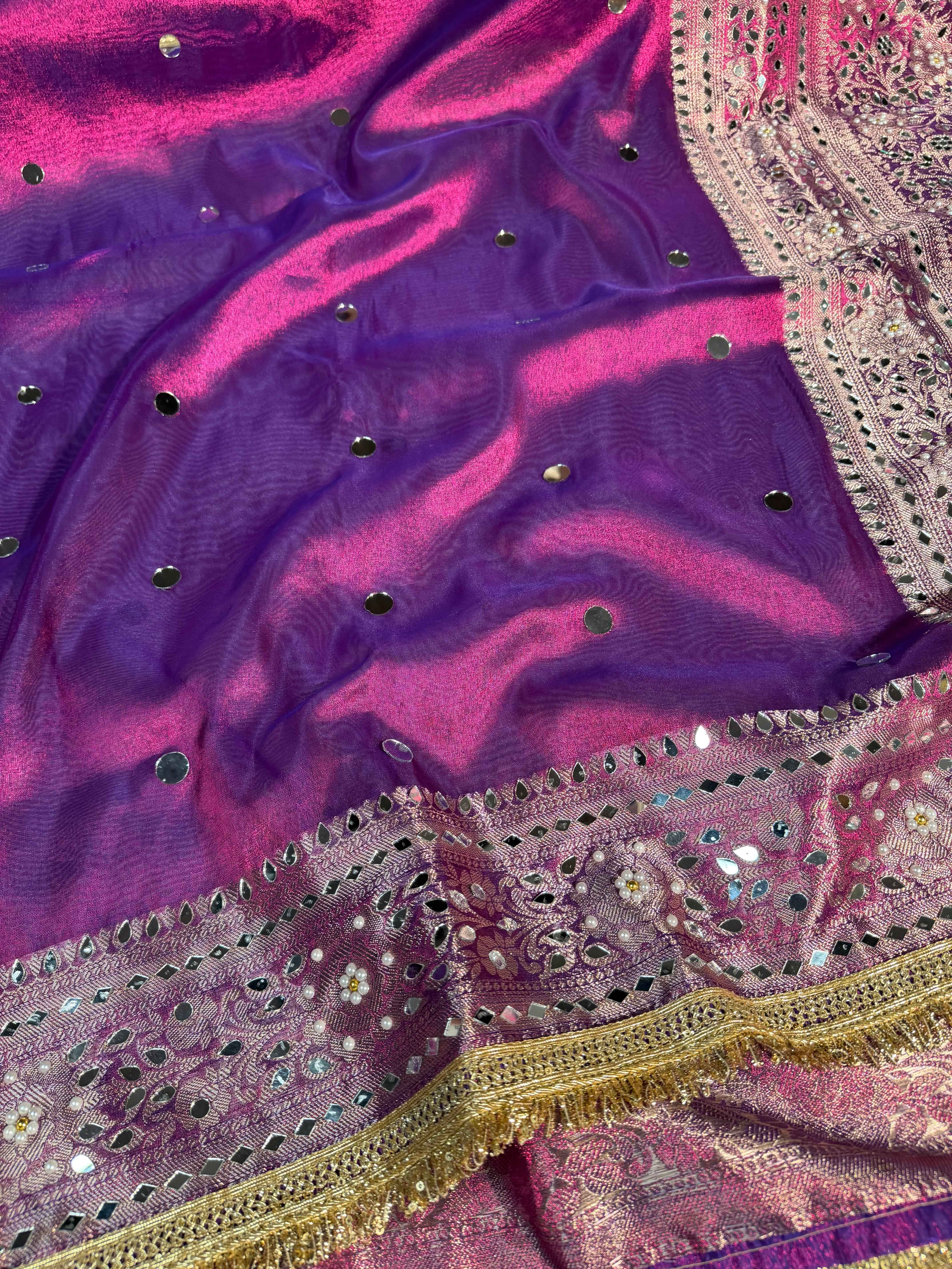 Metallic Rare Baigani Premium Tissue Silk Saree Hand Mirror Work with Lace Attached