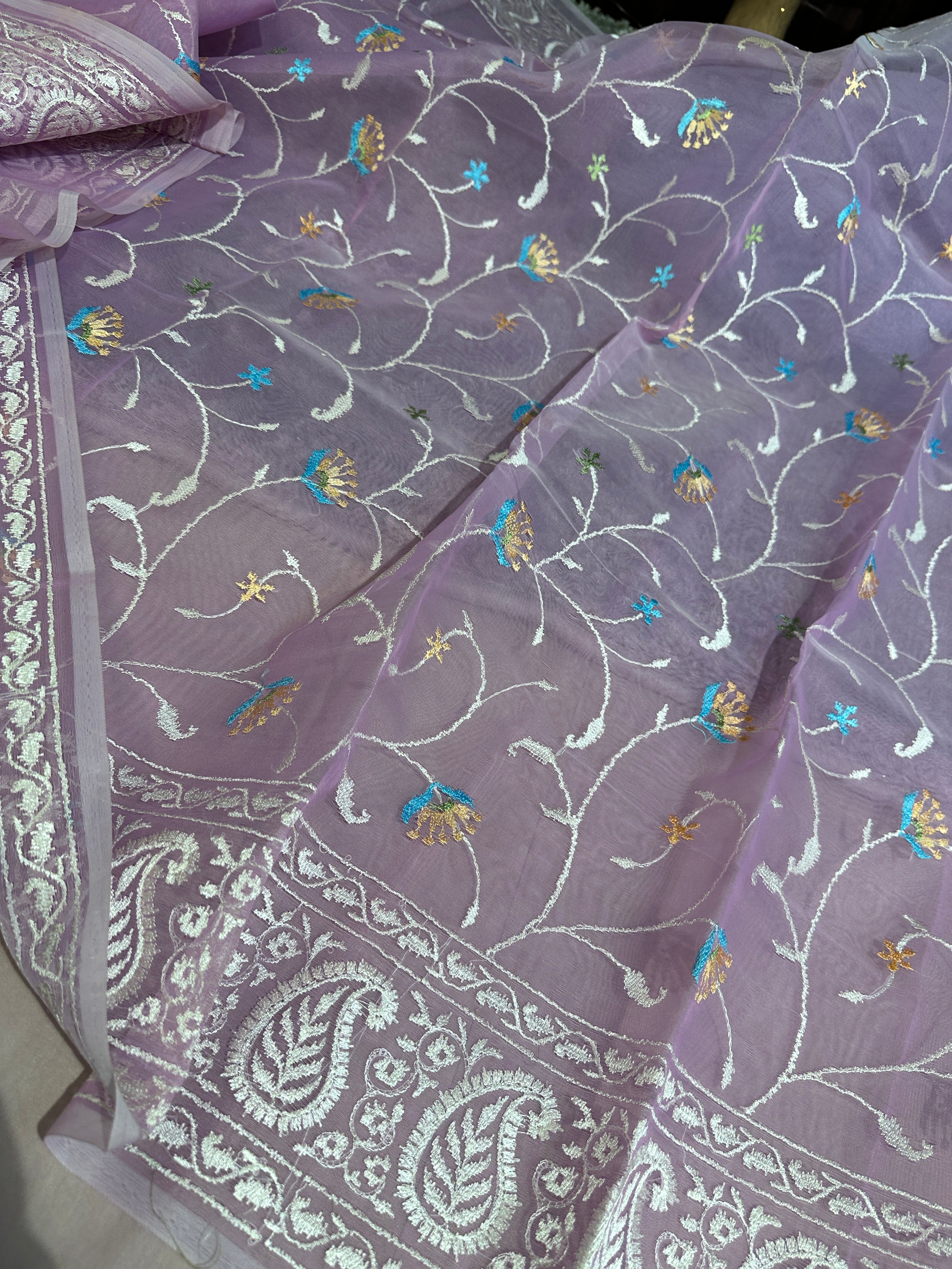Pastel Lavendar Multi Floral Chikankari Banarasi Organza Silk Saree