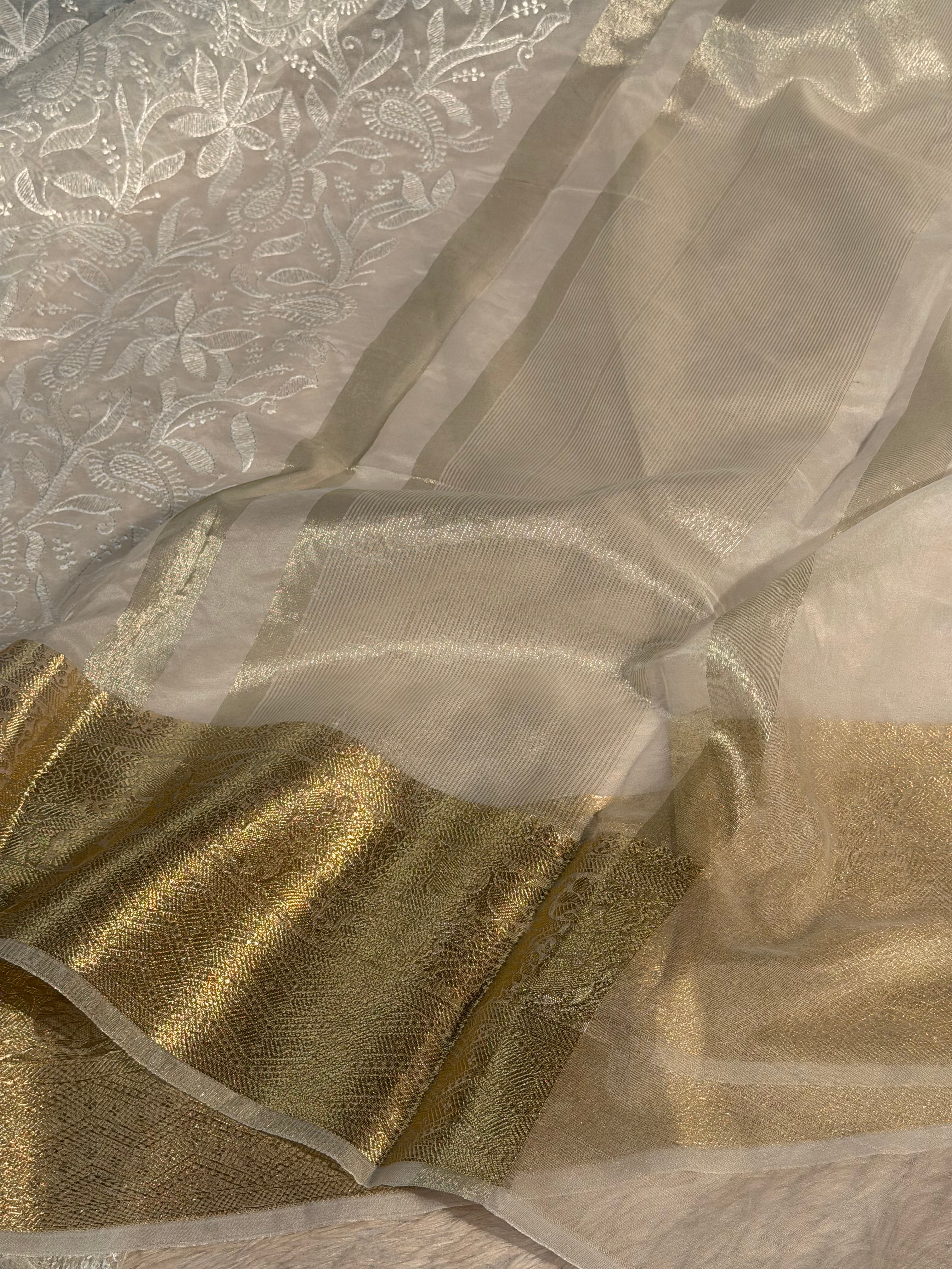 Rare Masterpiece Premium White Chikankari Organza Silk Banarasi Saree