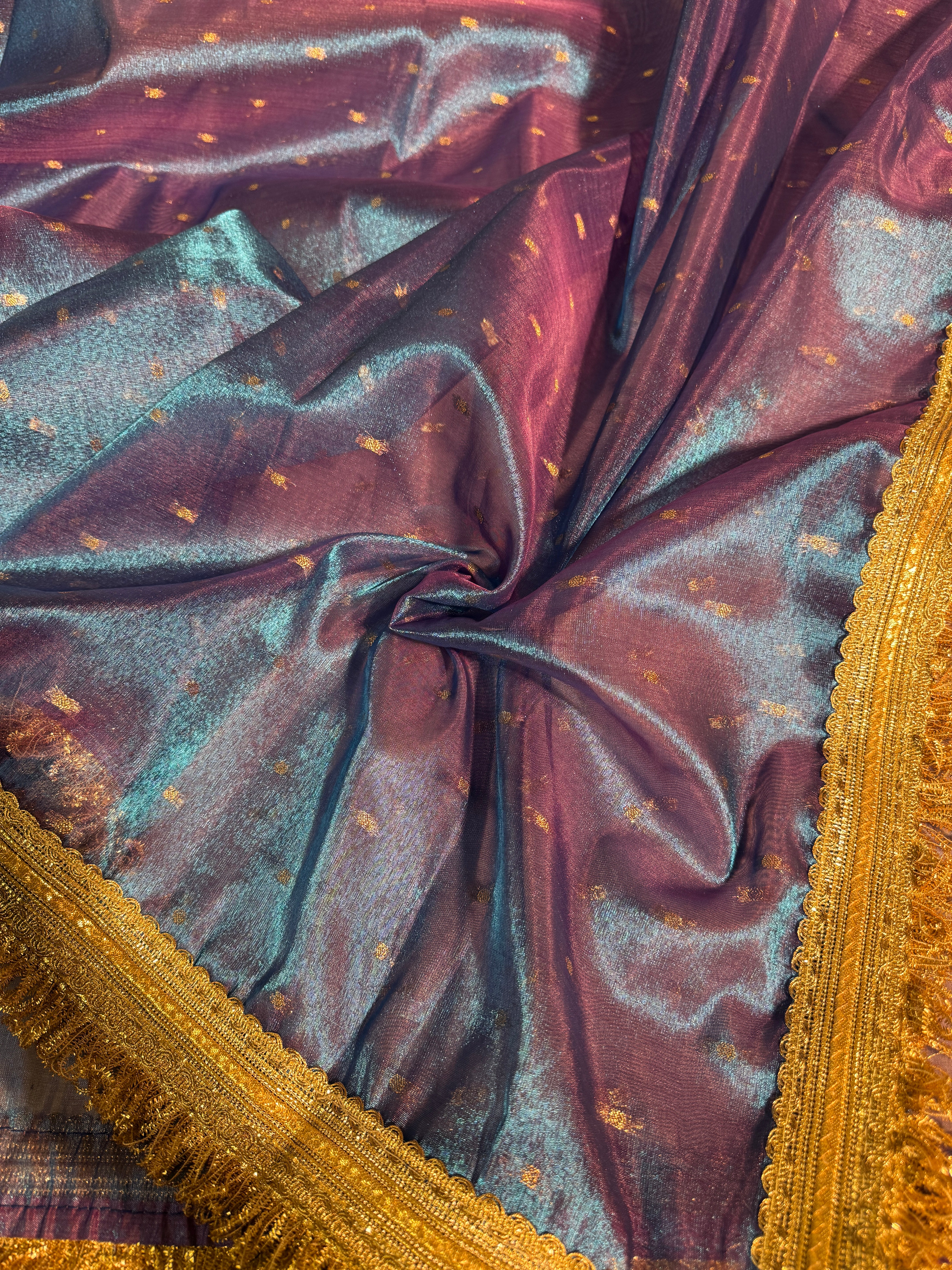 Metallic Firozi Blue Premium Tissue Silk Lace Attached Banarasi Saree