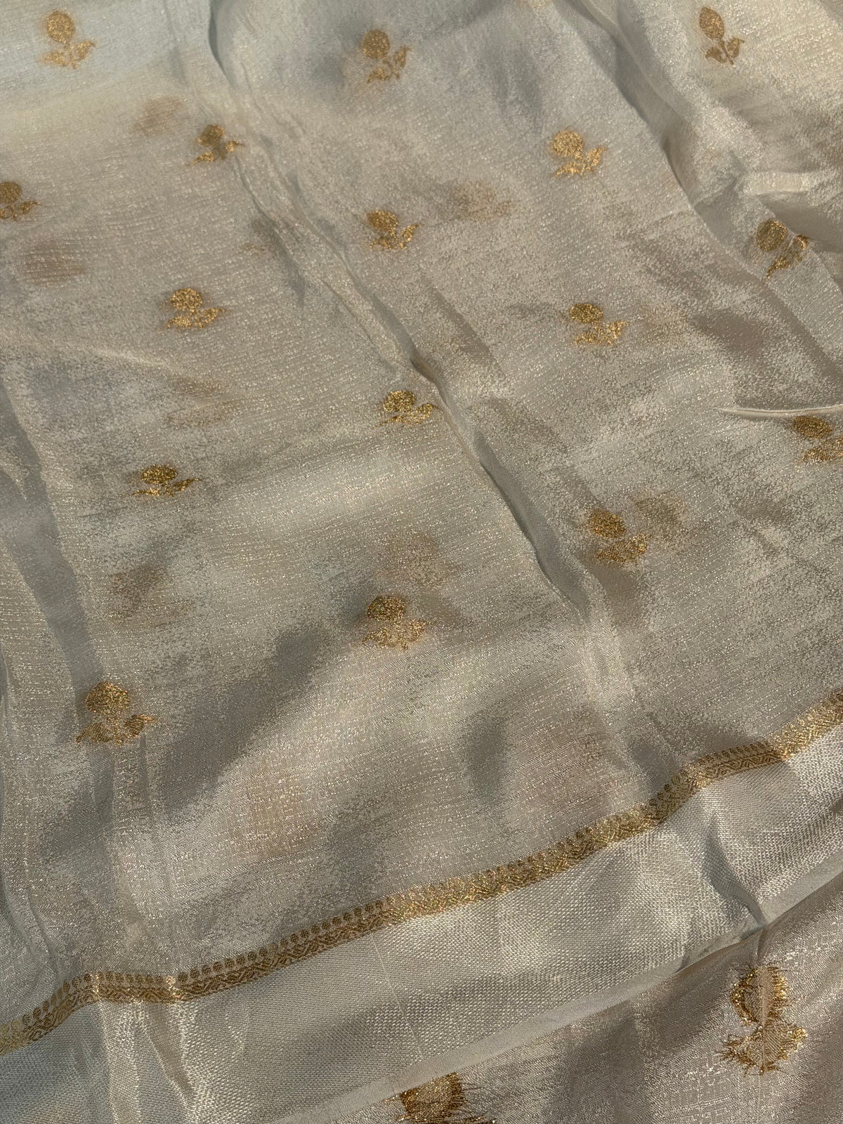 Light Cream Premium Viscose Georgette Silk Banarasi Saree with Tassles