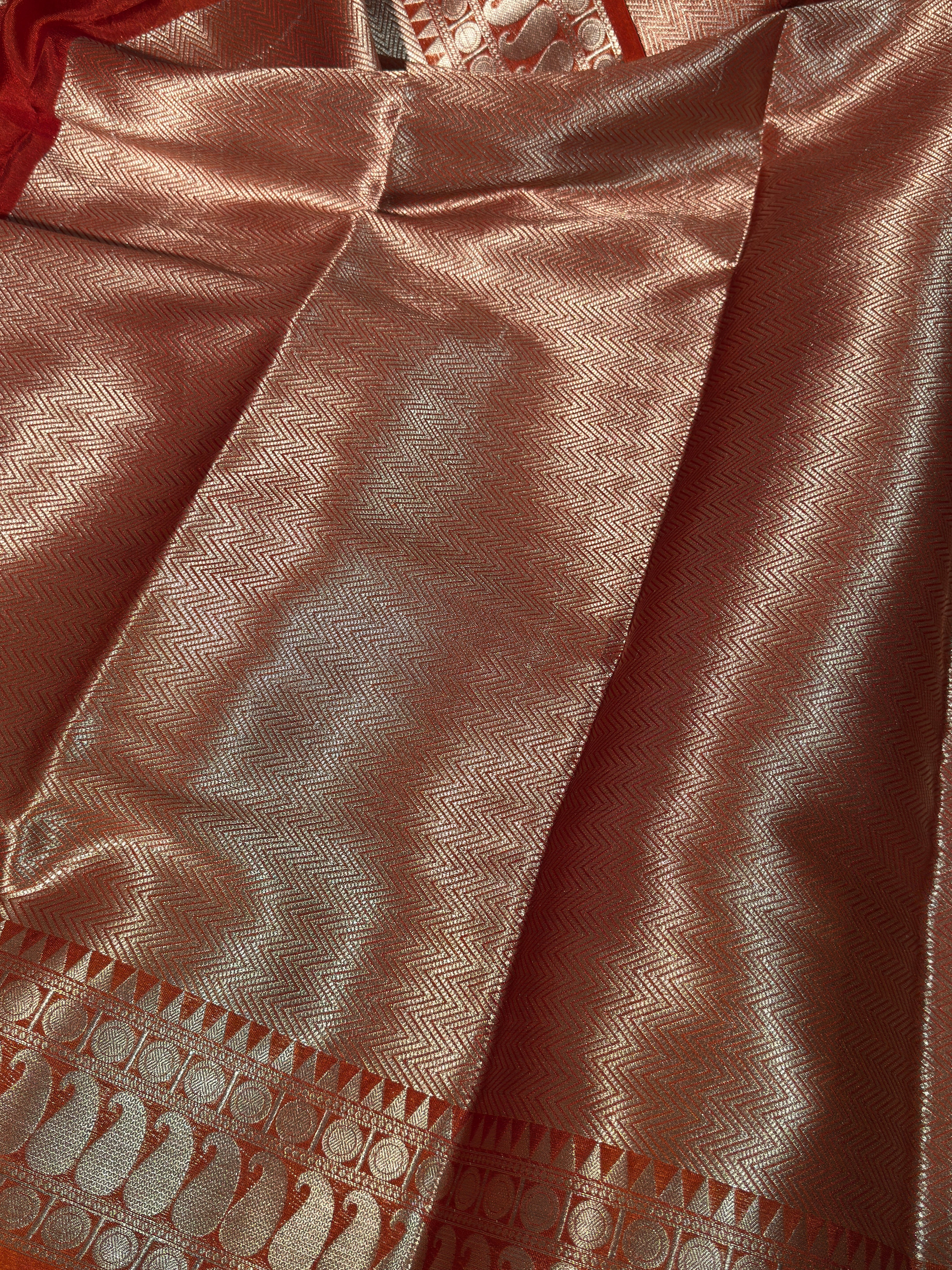 Rust Orange Premium Chiniya Silk Zari Buti Weave Banarasi Saree