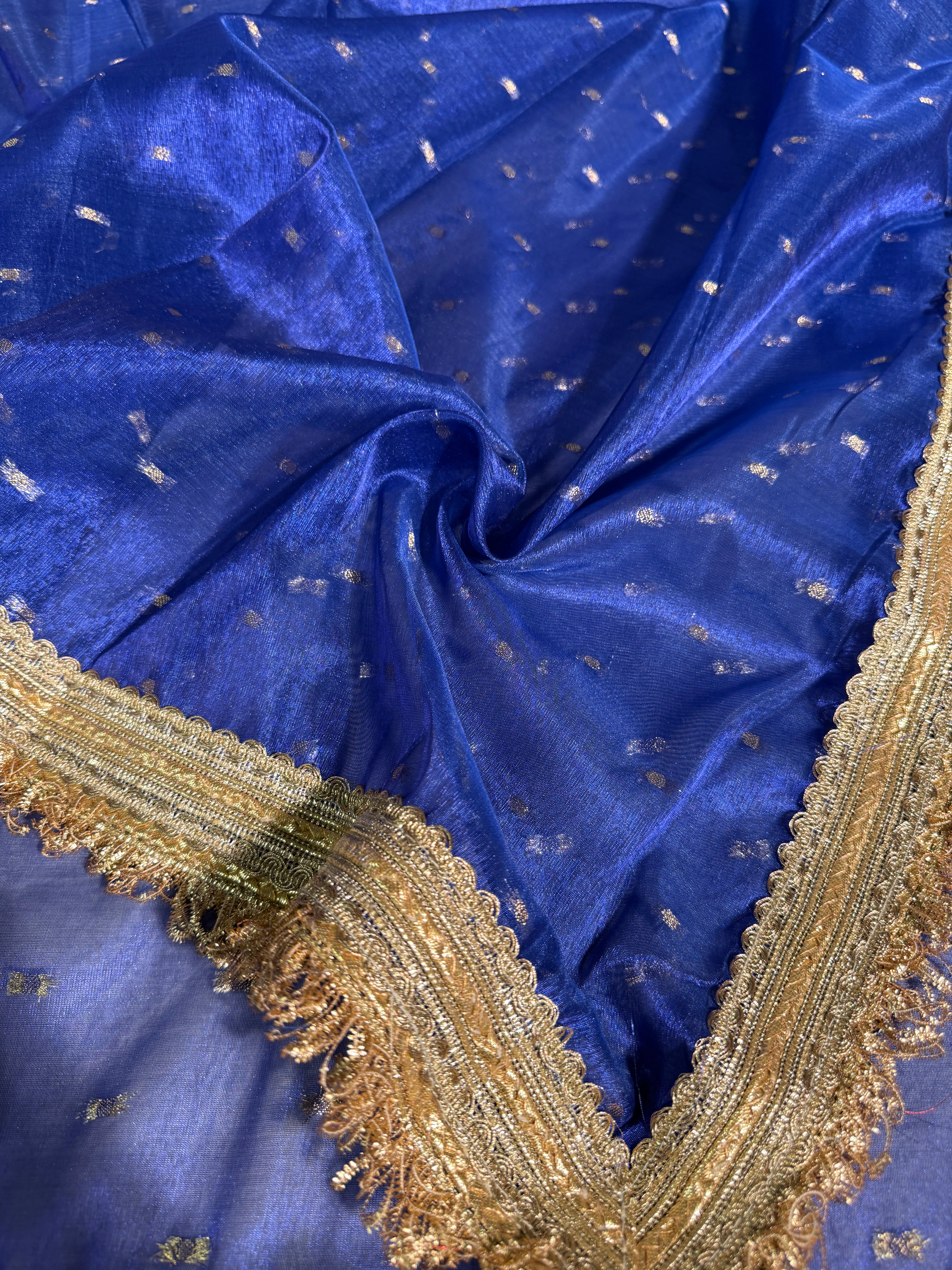 Metallic Royal Blue Premium Tissue Silk Lace Attached Banarasi Saree