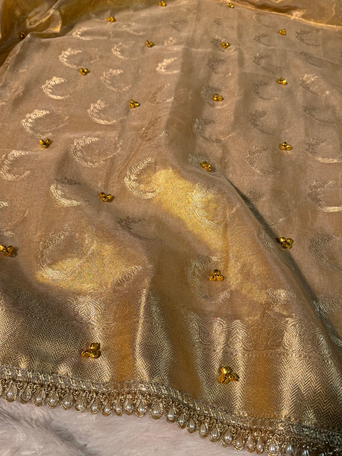 Ghungroo Handwork Allover Gold Premium Tissue Silk Banarasi Saree