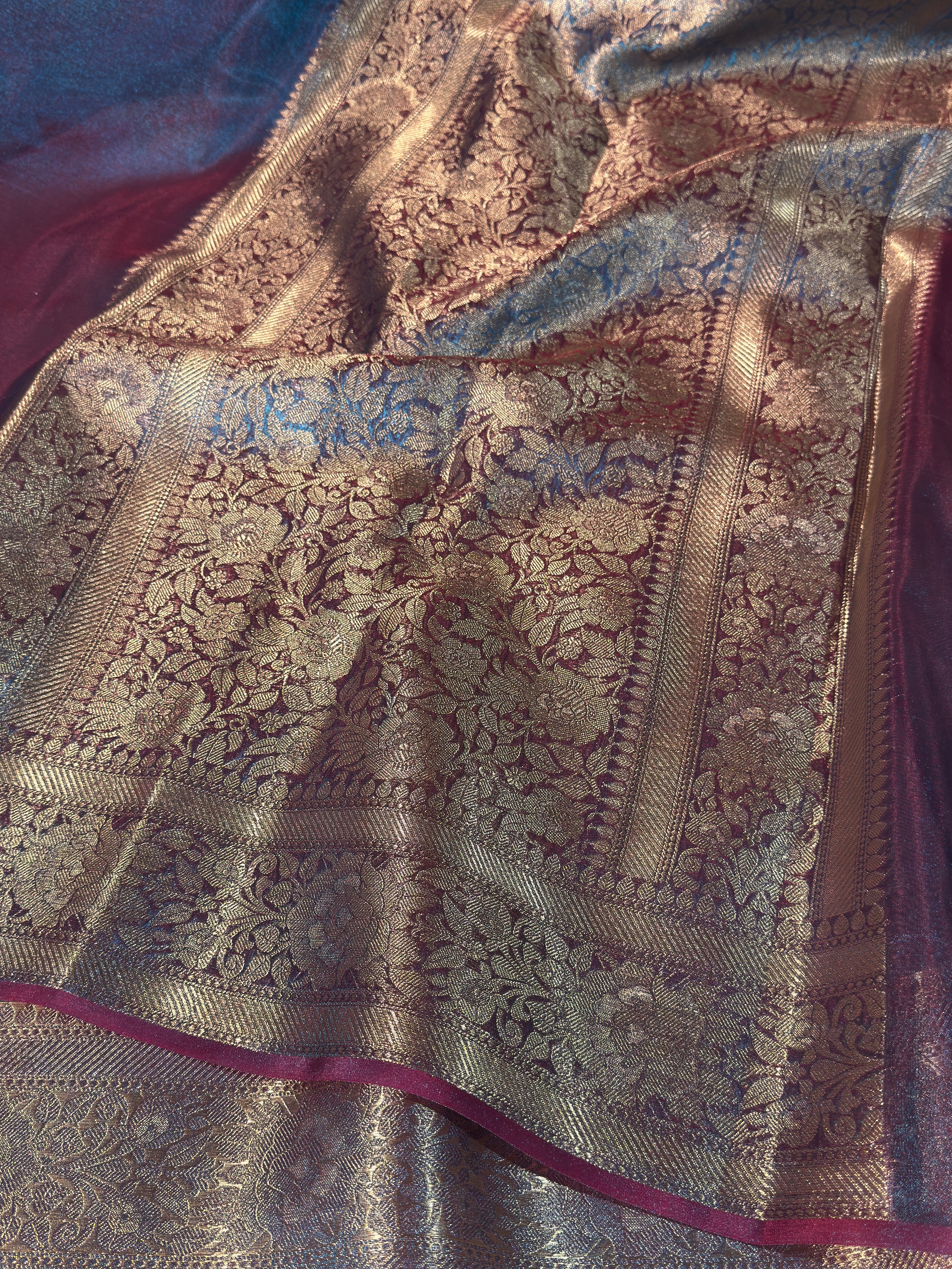 Dual Shaded Firozi Blue Premium Tissue Silk Banarasi Saree