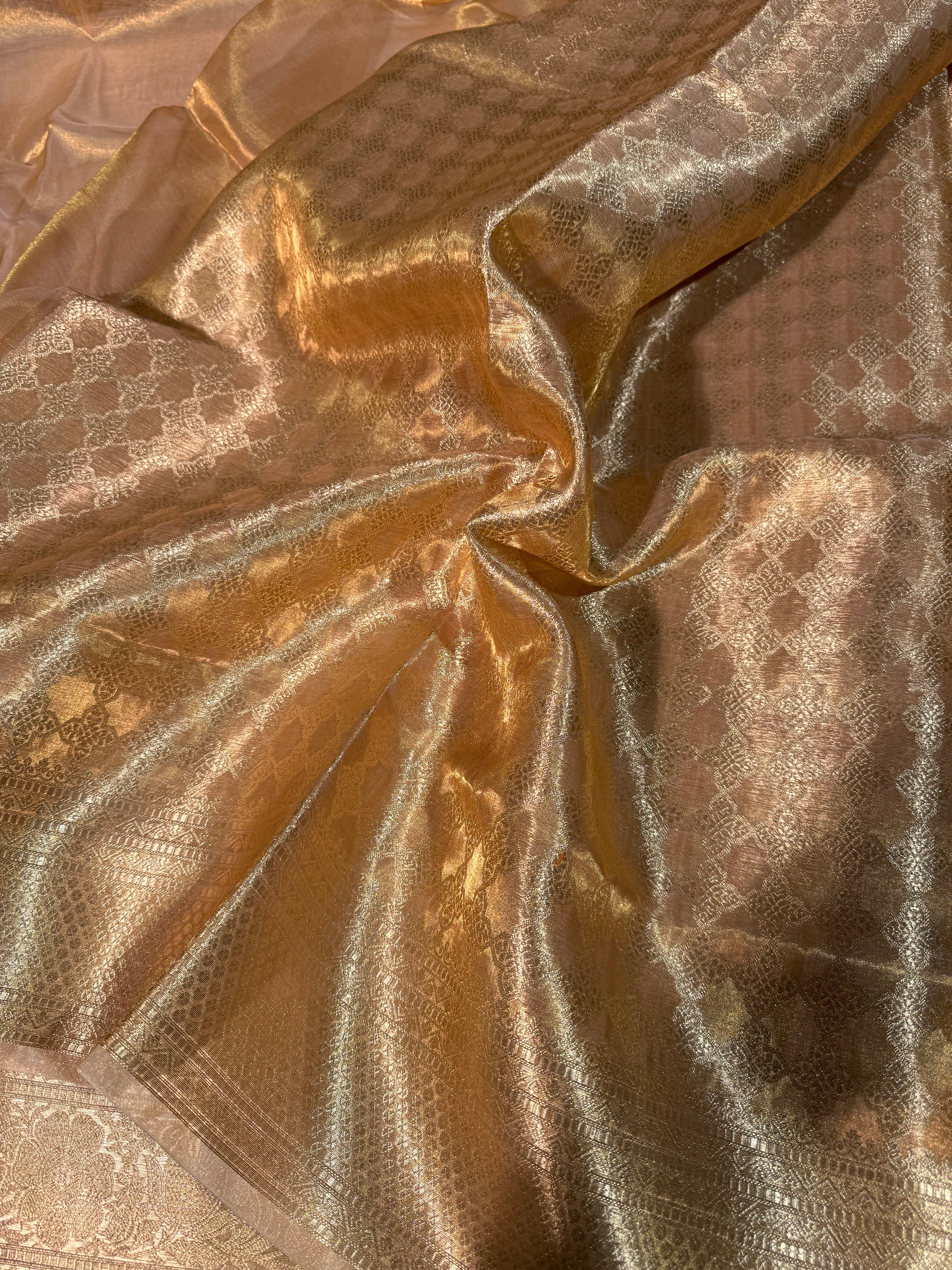 Metallic Gold Pure Tissue Silk Banarasi Saree with Traditional Weave Borders