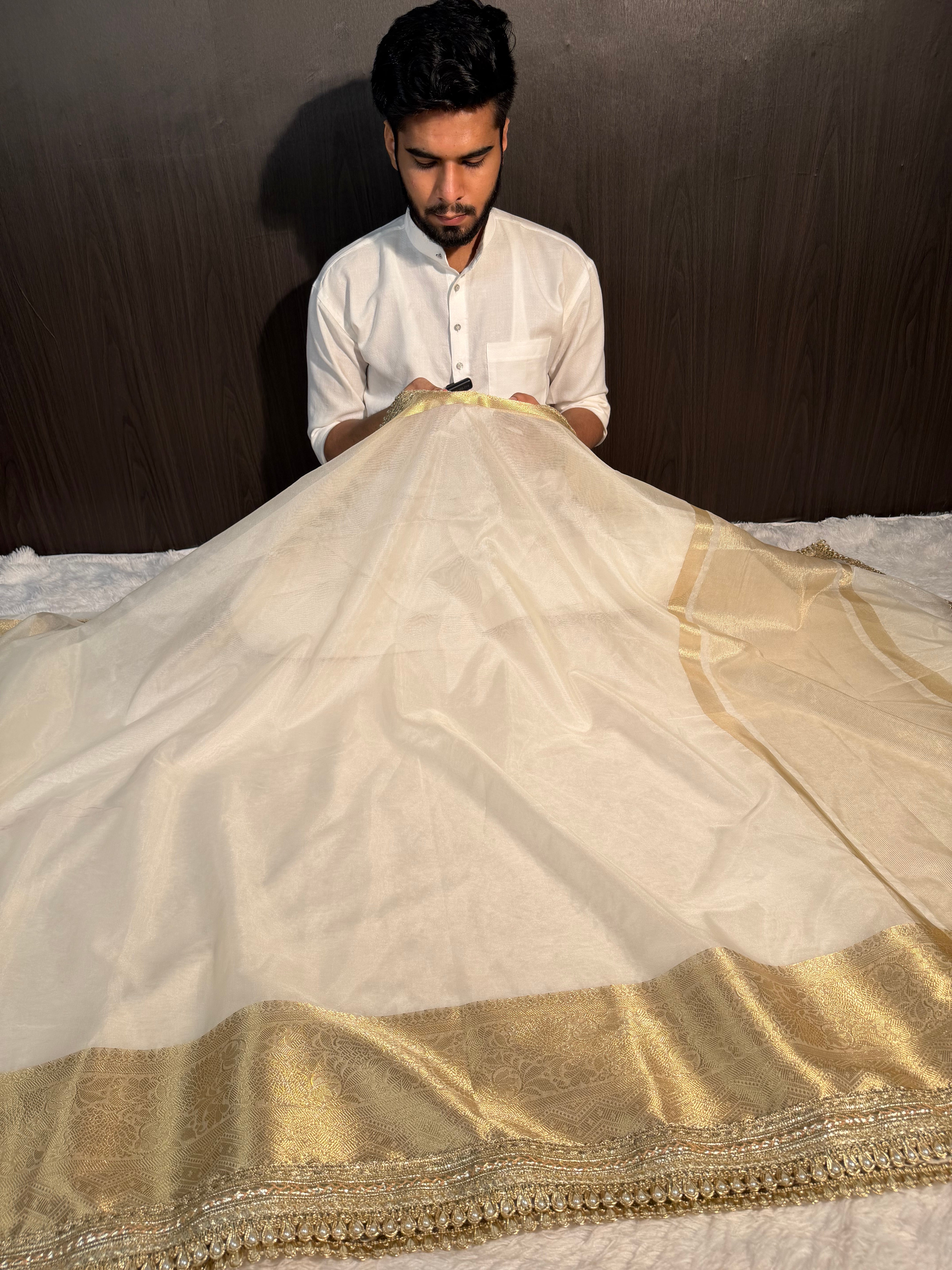 Light Cream Premium Organza Silk Banarasi Saree with Moti Lace