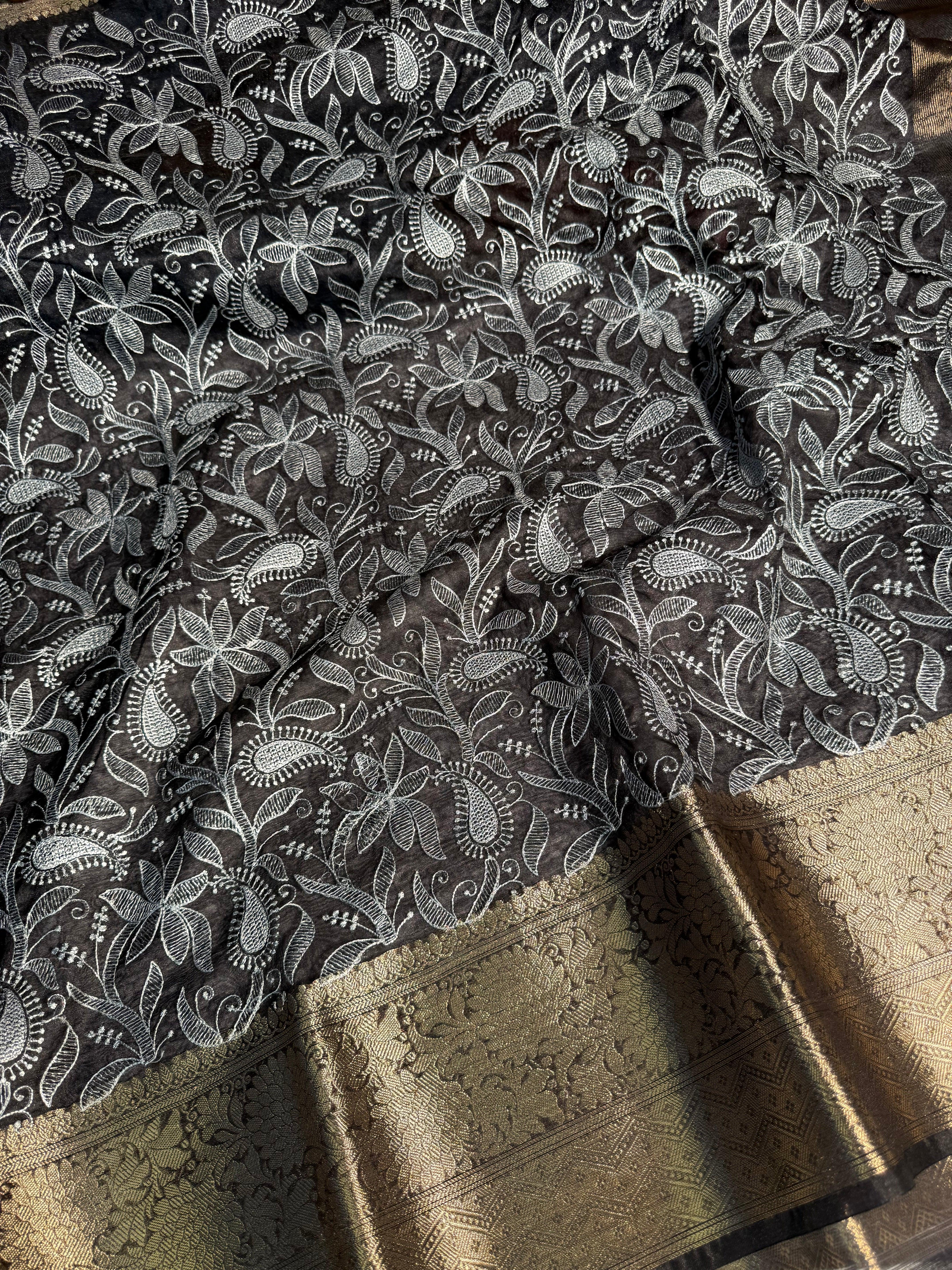 Black Premium Chikankari Banarasi Organza Silk Saree