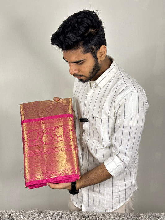 Celebrity Inspired Pink Bridal Kanjeevaram Tissue Banarasi Saree