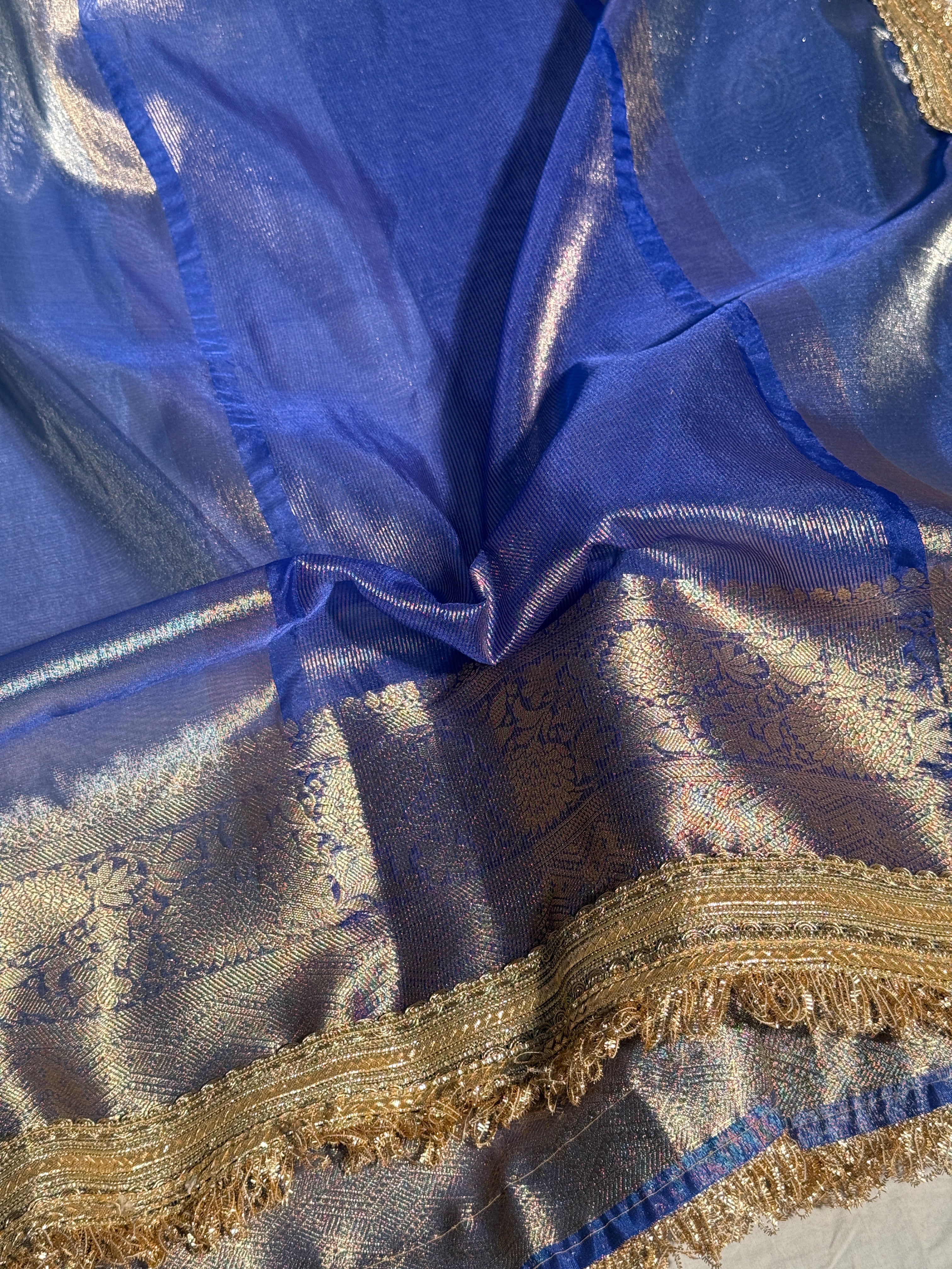 Metallic Blue Premium Tissue Silk Banarasi Saree with Lace Attached