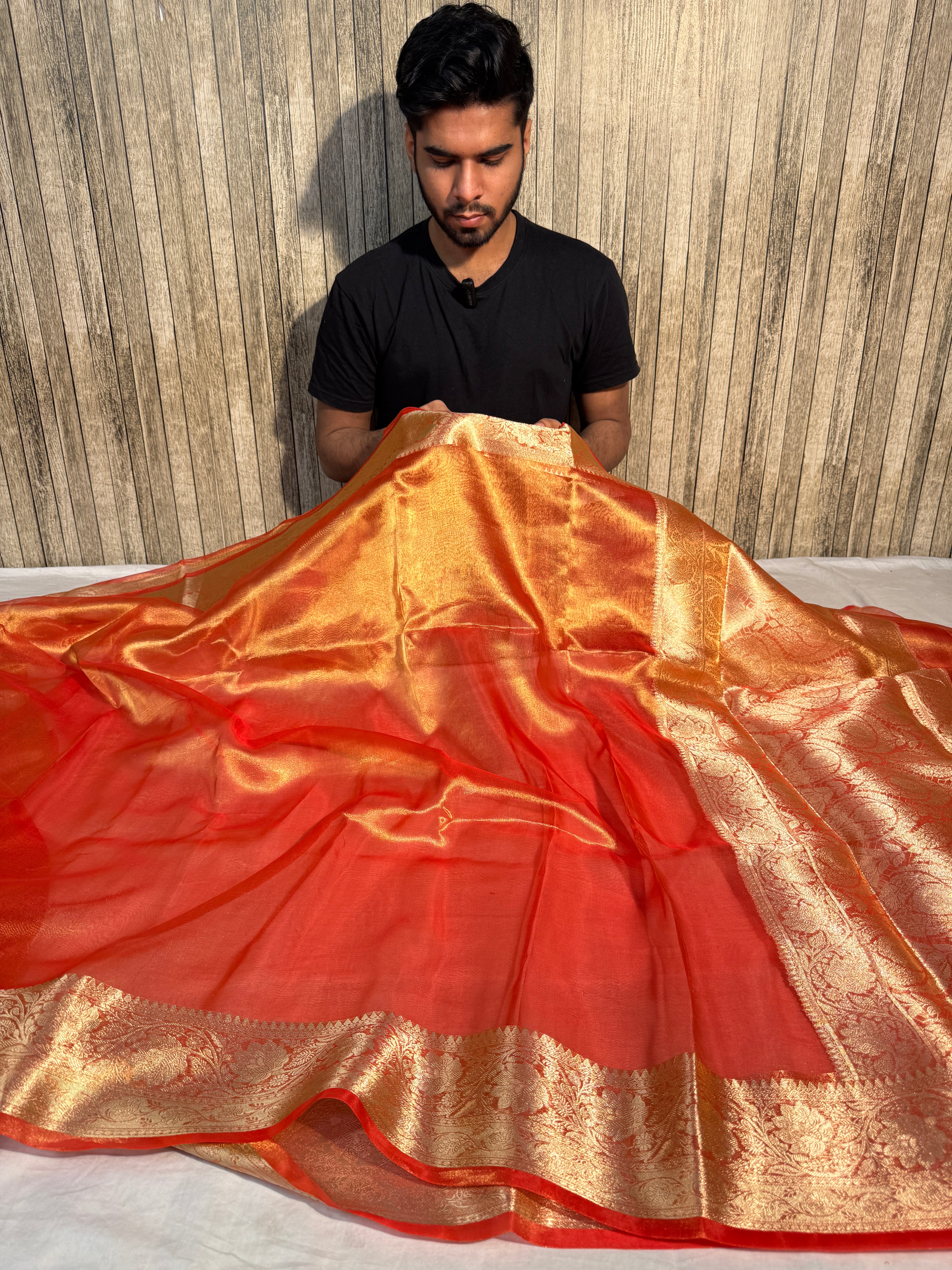 Metallic Orange Pure Tissue Silk Banarasi Saree with Traditional Weave Borders