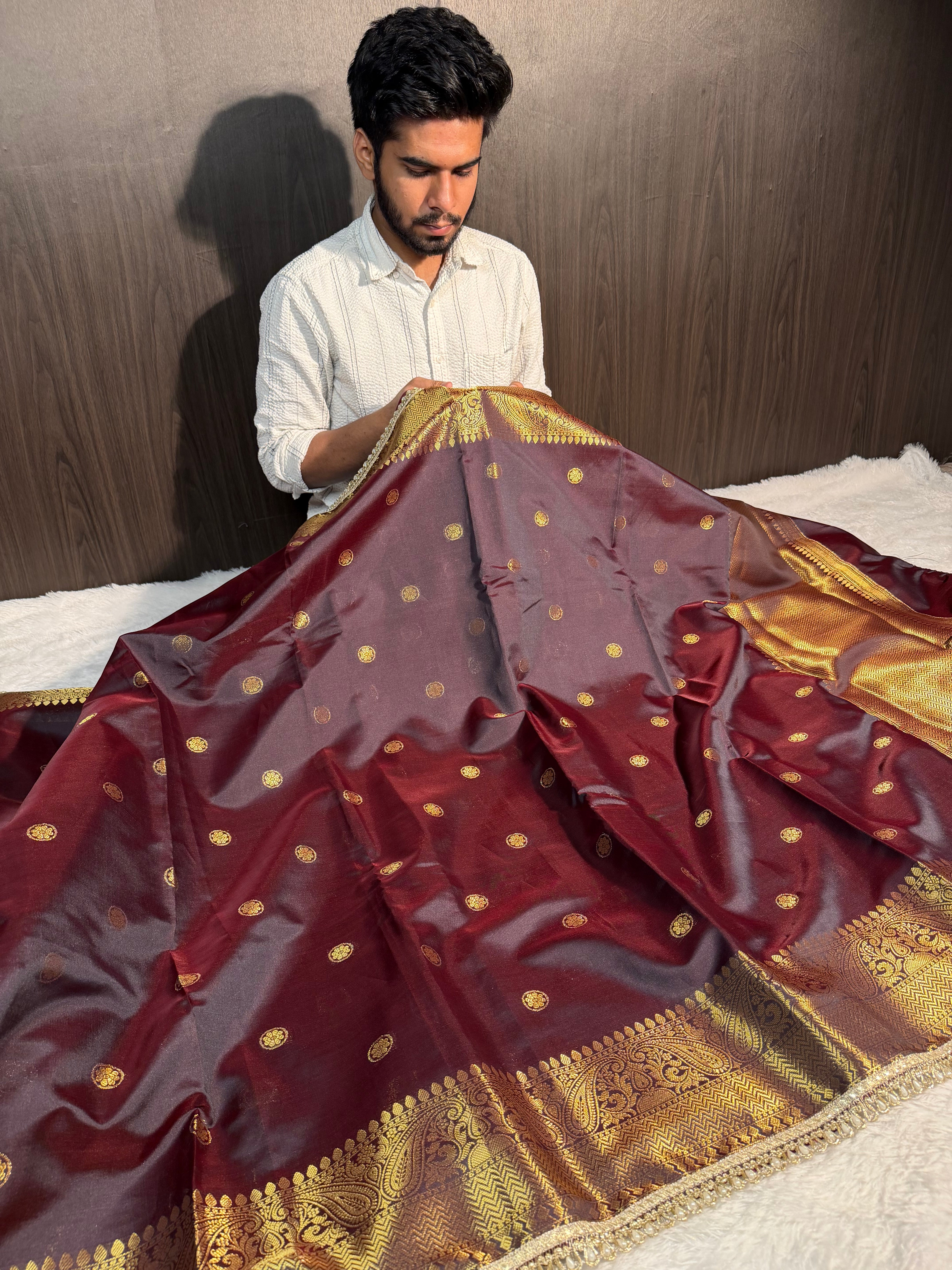 Coffee Brown Premium Soft Katan Silk Banarasi Saree with Moti Lace Work