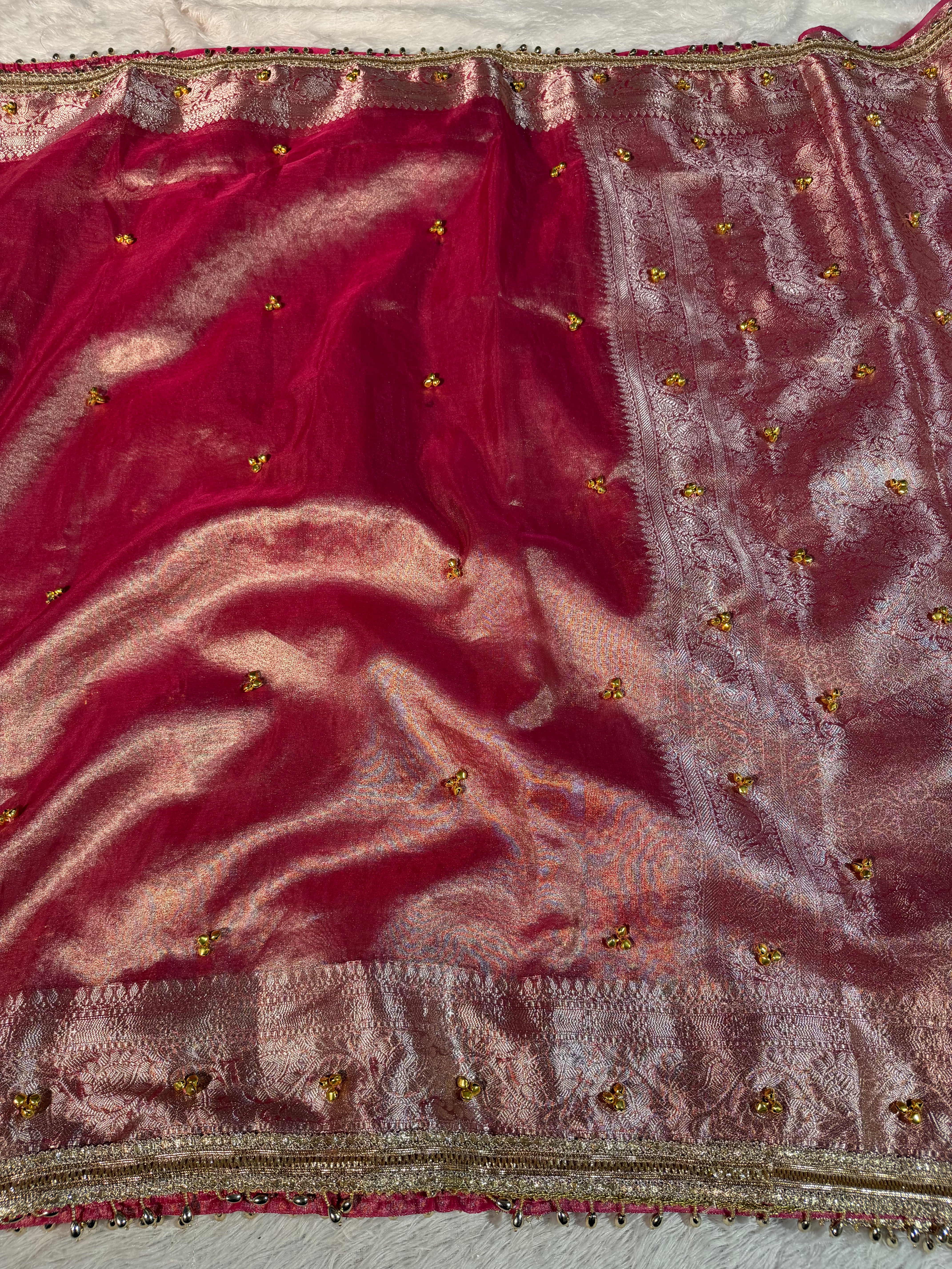 Ghungroo Handwork Metallic Pink Premium Tissue Silk Banarasi Saree