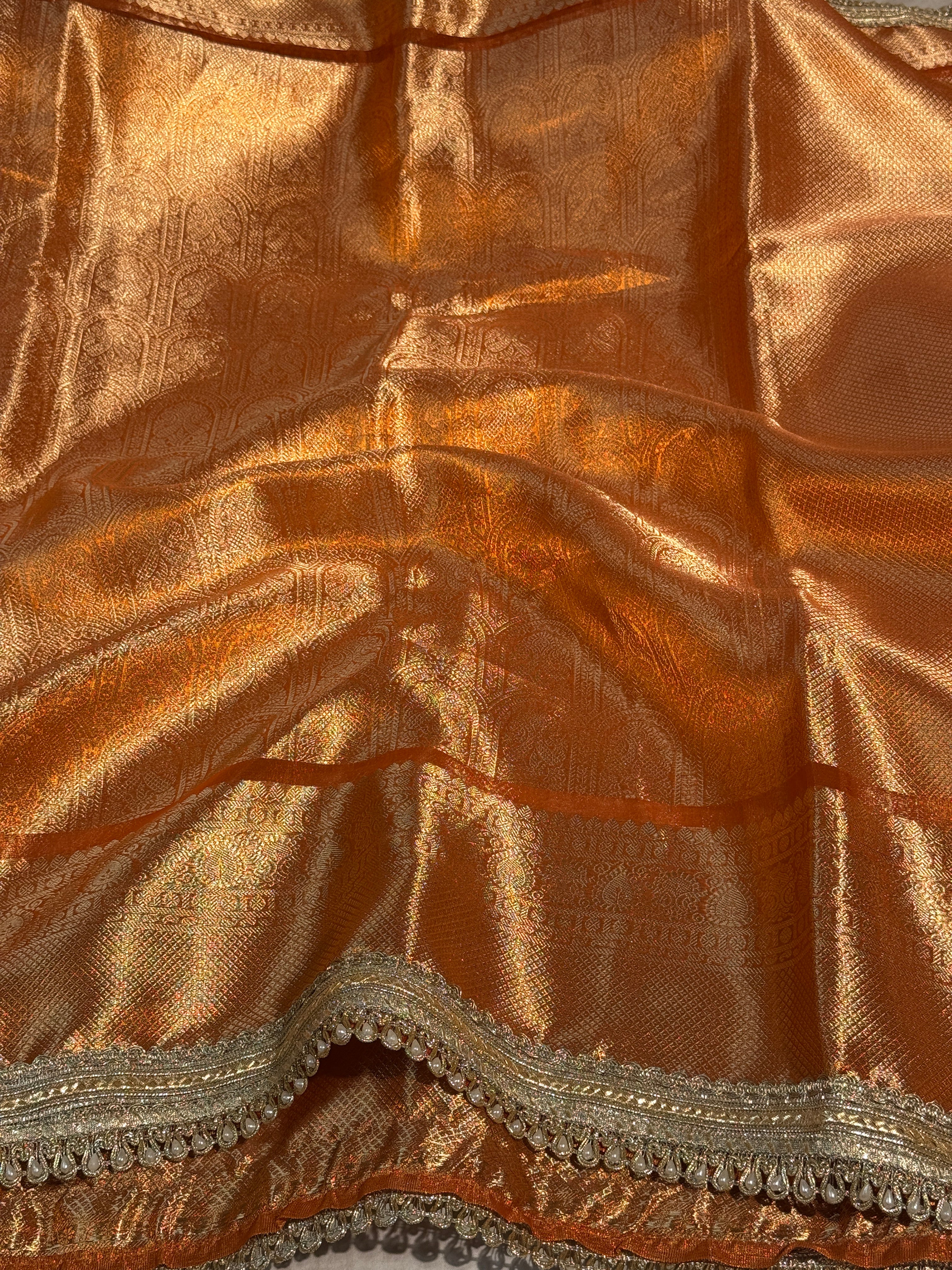 Metallic Orange Kanjeevaram Tissue Silk Moti Lace Attached Banarasi Saree
