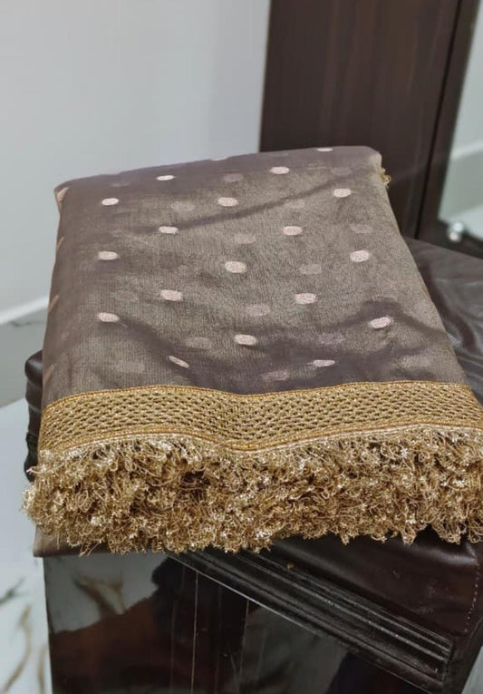 Metallic Grey Bridal Banarasi Tissue Silk Saree with Premium Lace Work