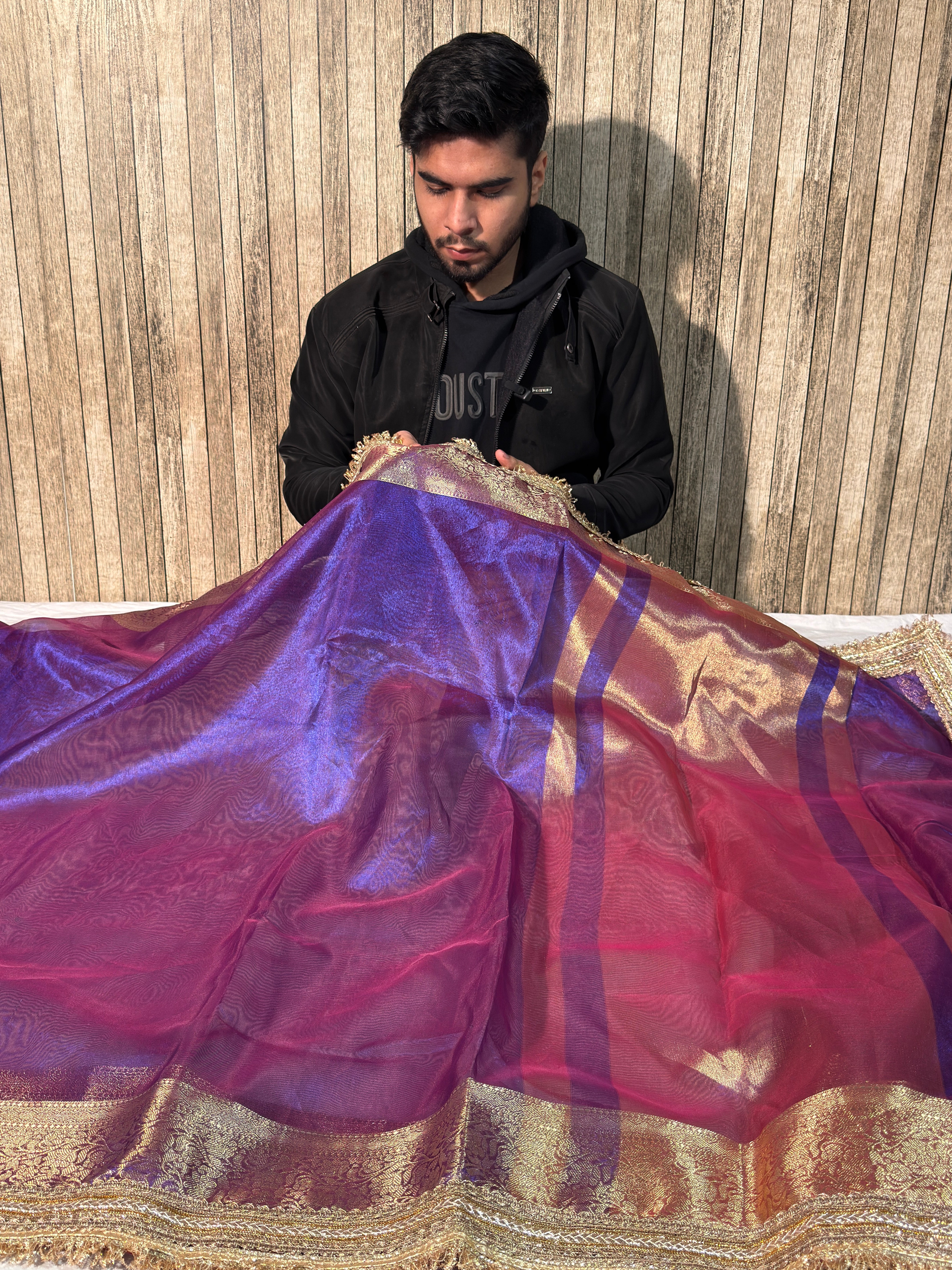 Rare Baigani Bridal Tissue Silk Lace Work Banarasi Saree