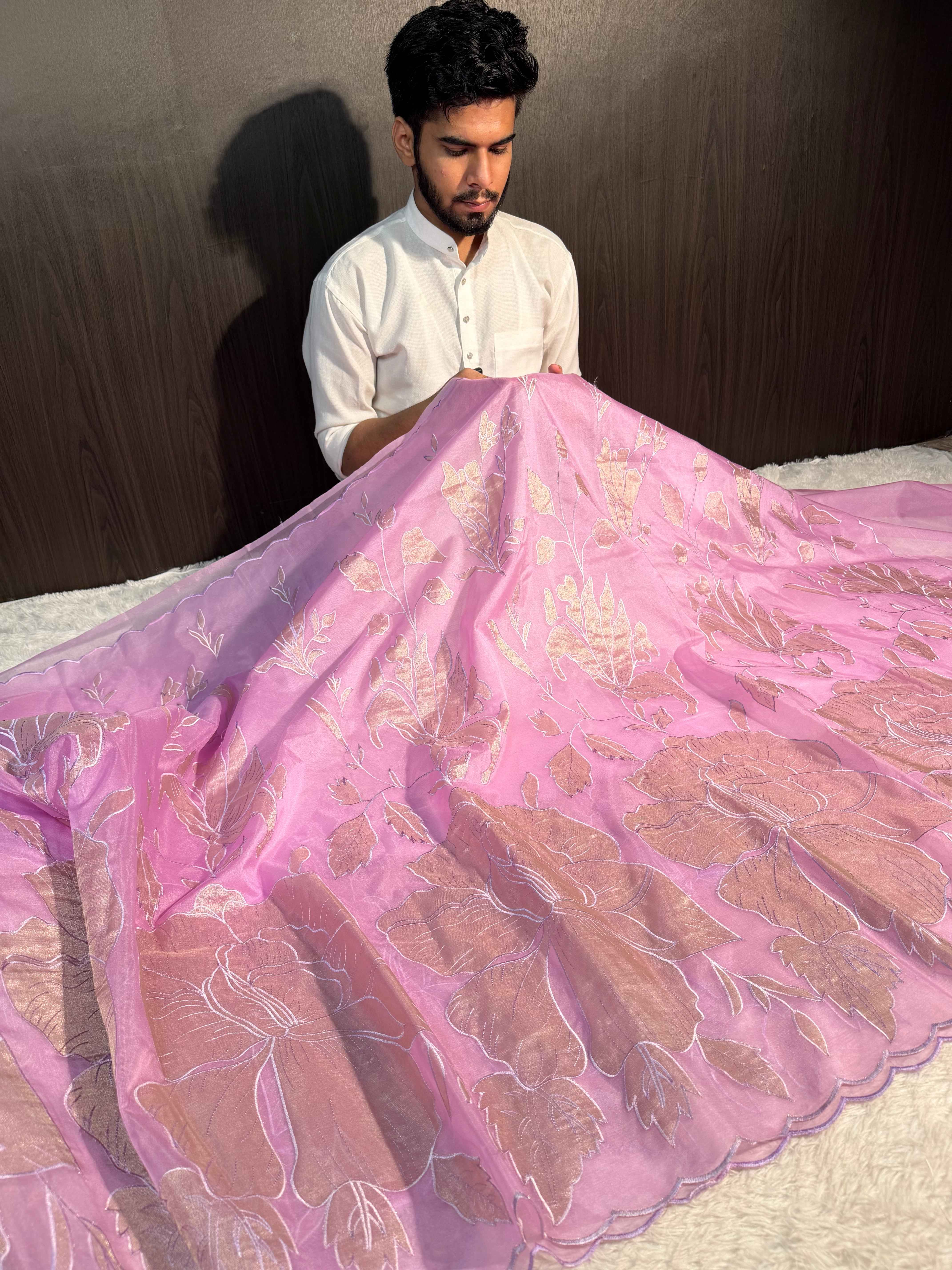 Pastel Lavendar Premium Organza Silk Banarasi Saree with Tissue Applique Work