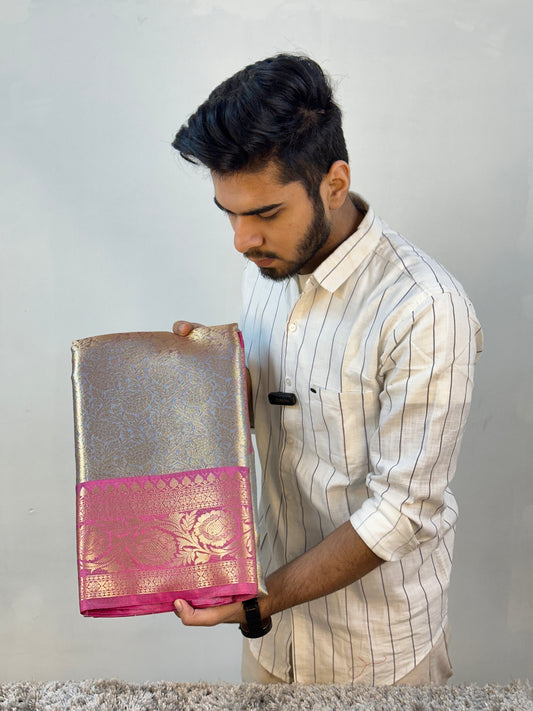 Celebrity Inspired Metallic Blue Bridal Kanjeevaram Tissue Banarasi Saree