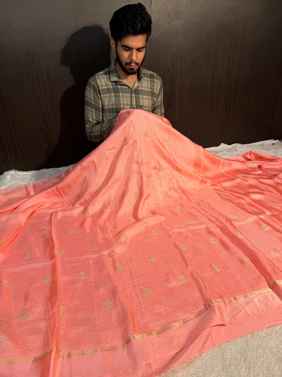Baby Pink Premium Viscose Georgette Silk Banarasi Saree with Tassles