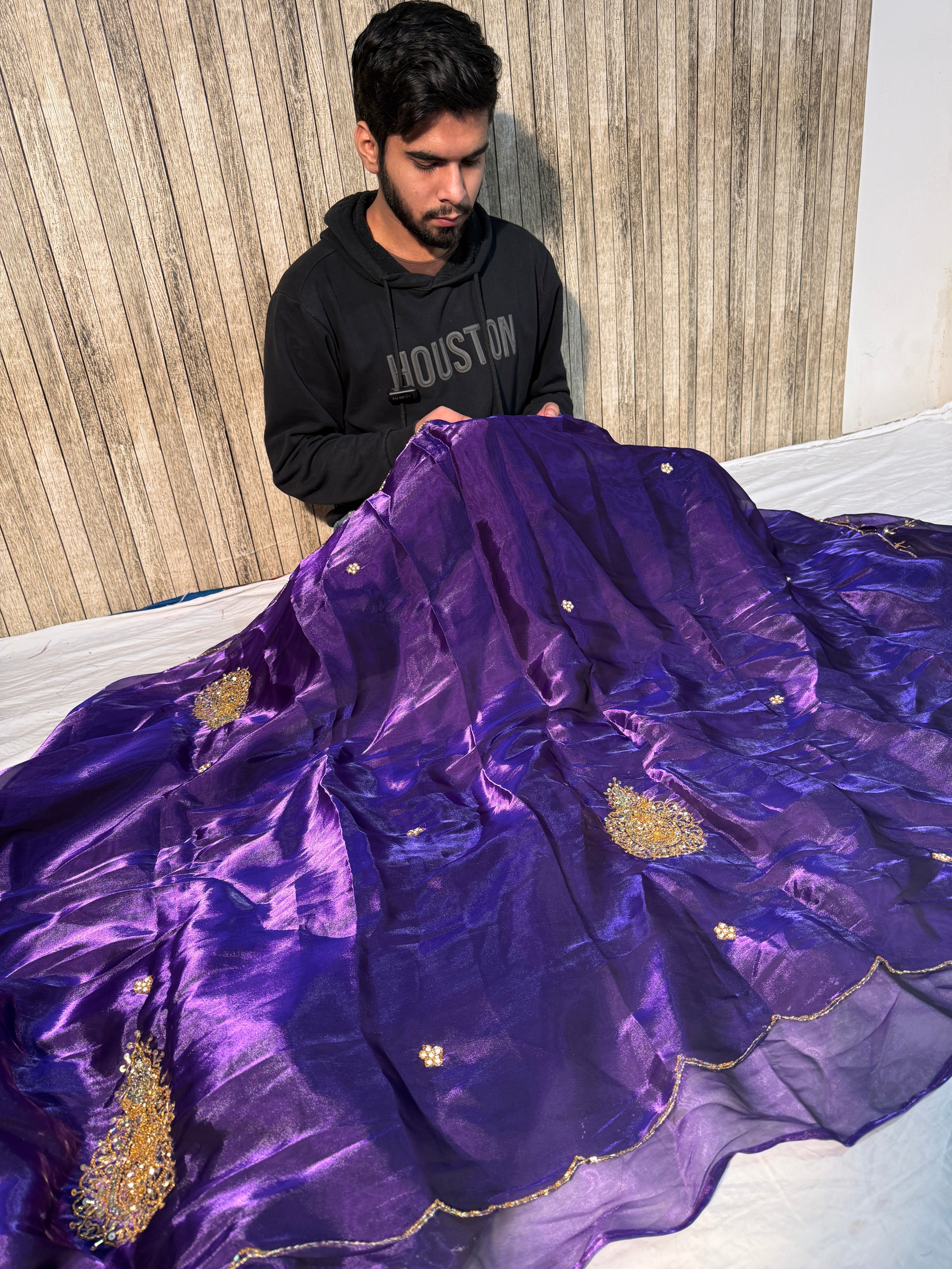 Baigani Shade Premium Shimmery Tissue Silk Handwork Saree