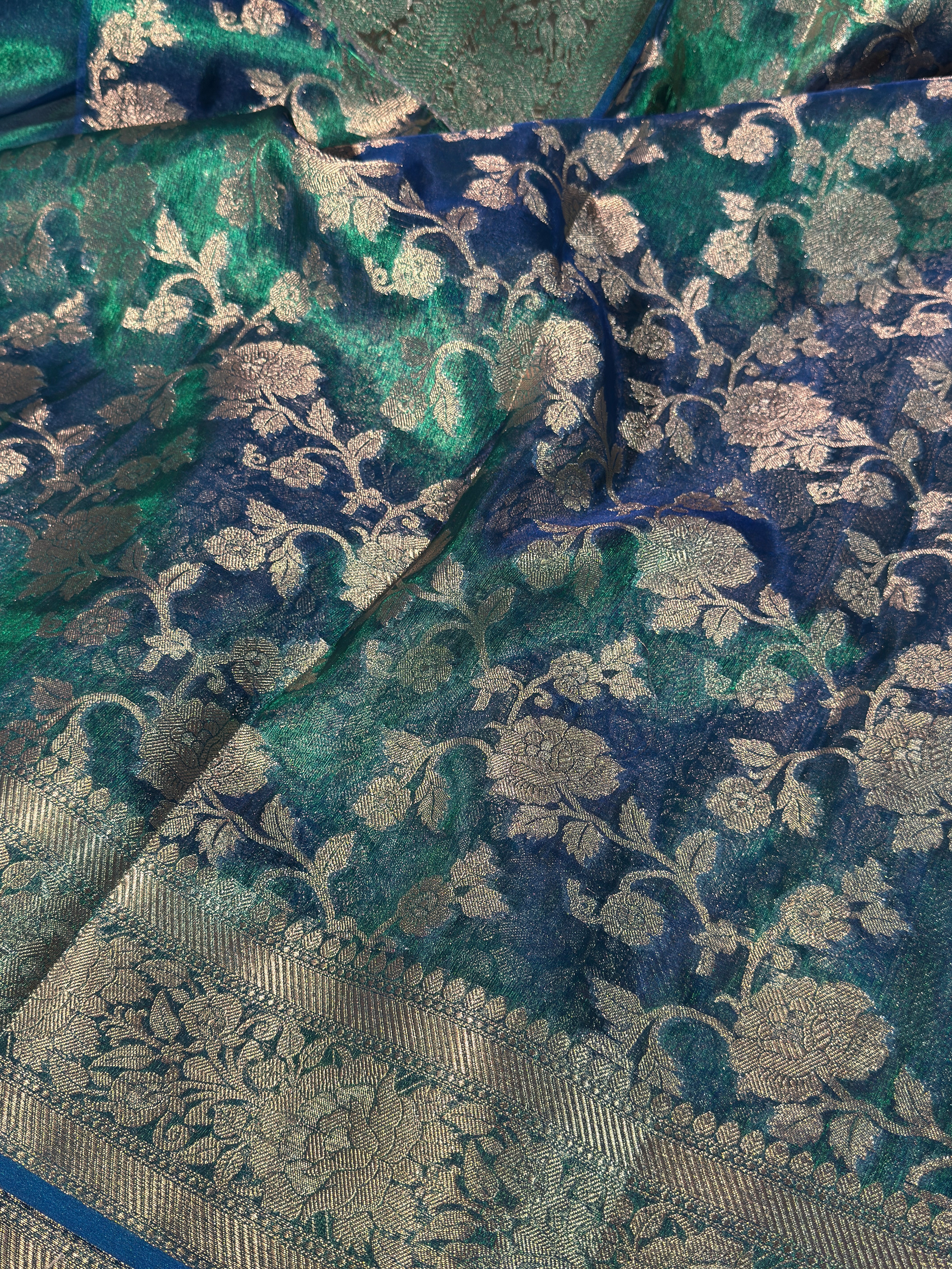 Ready To Wear Dual Shaded Sapphire Green Premium Tissue Silk Banarasi Saree