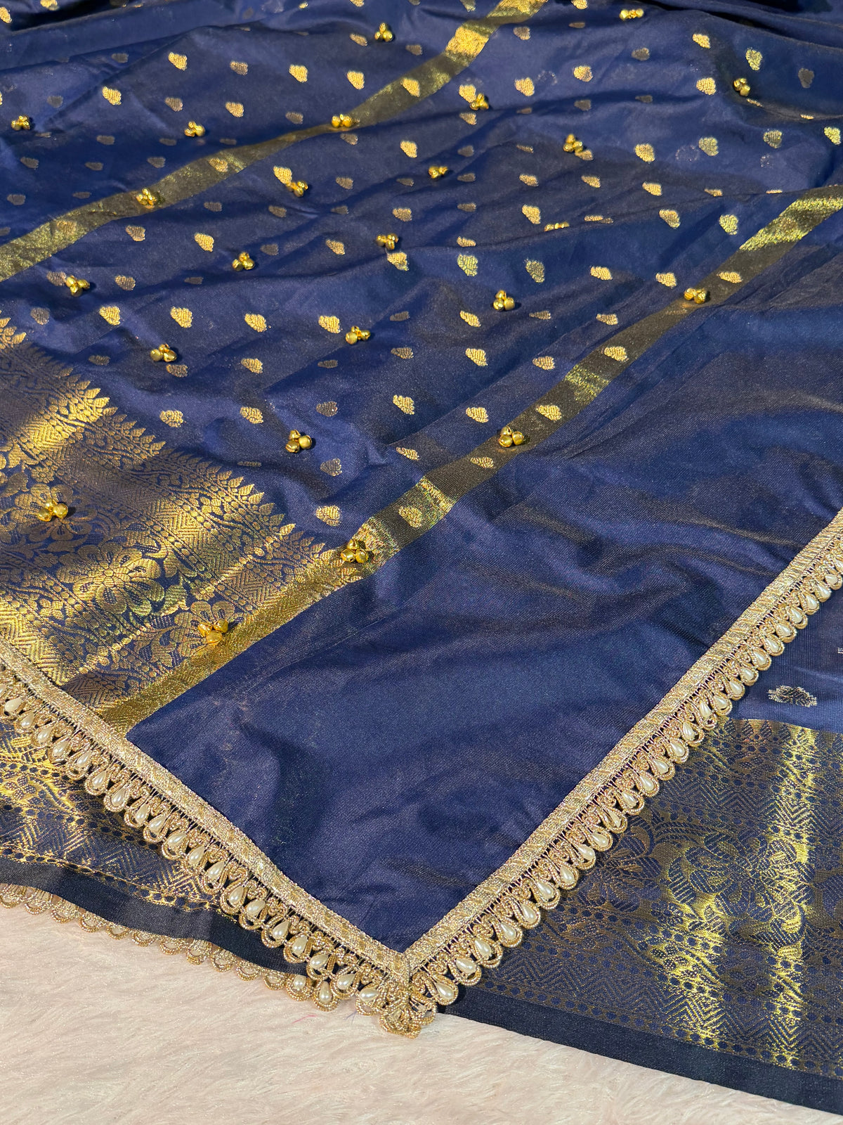 Viral Ghungroo Handwork Navy Blue Shade Premium Katan Silk Banarasi Saree