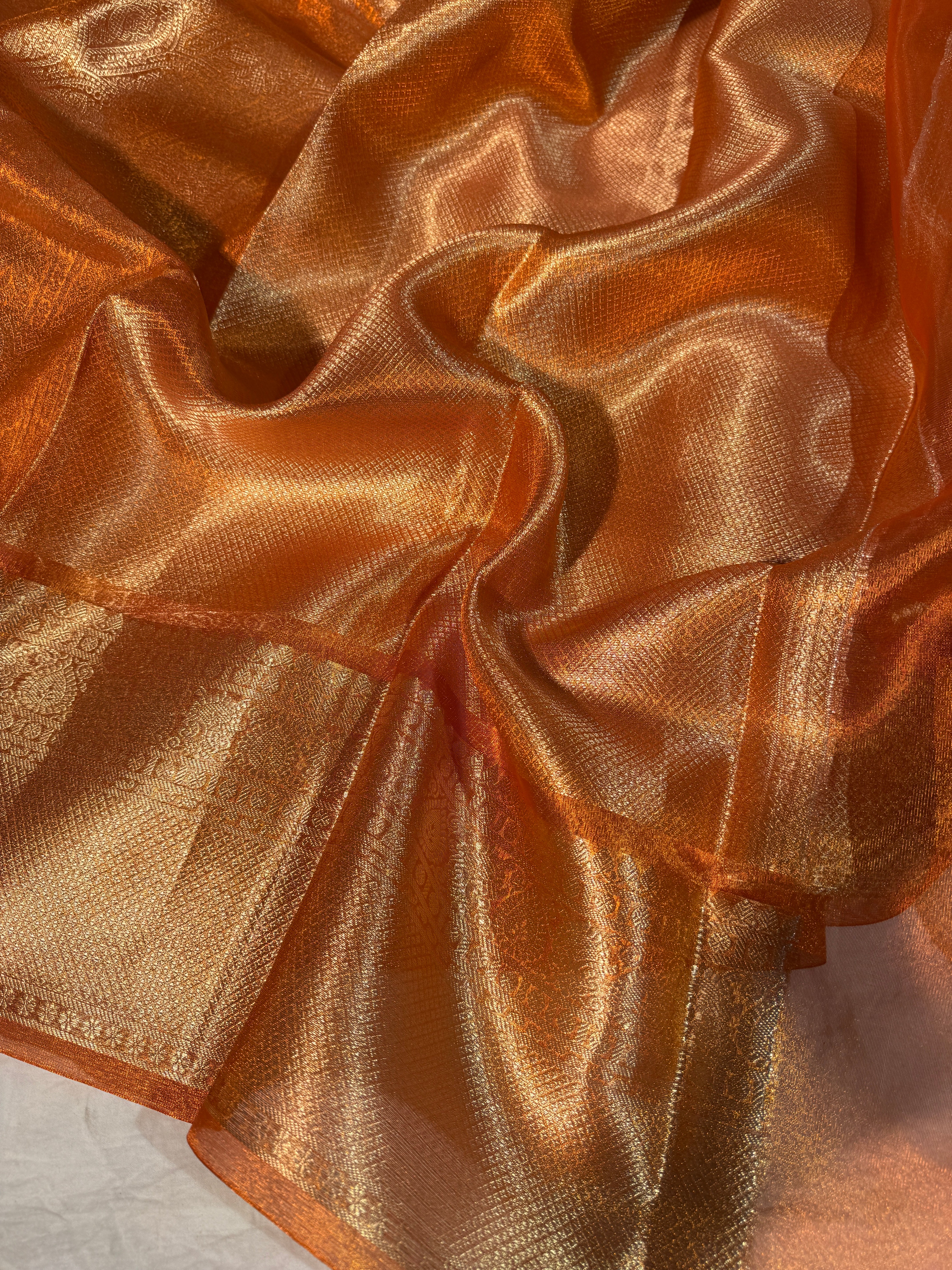 Metallic Orange Premium Kanjivaram Brocade Tissue Silk Banarasi Saree