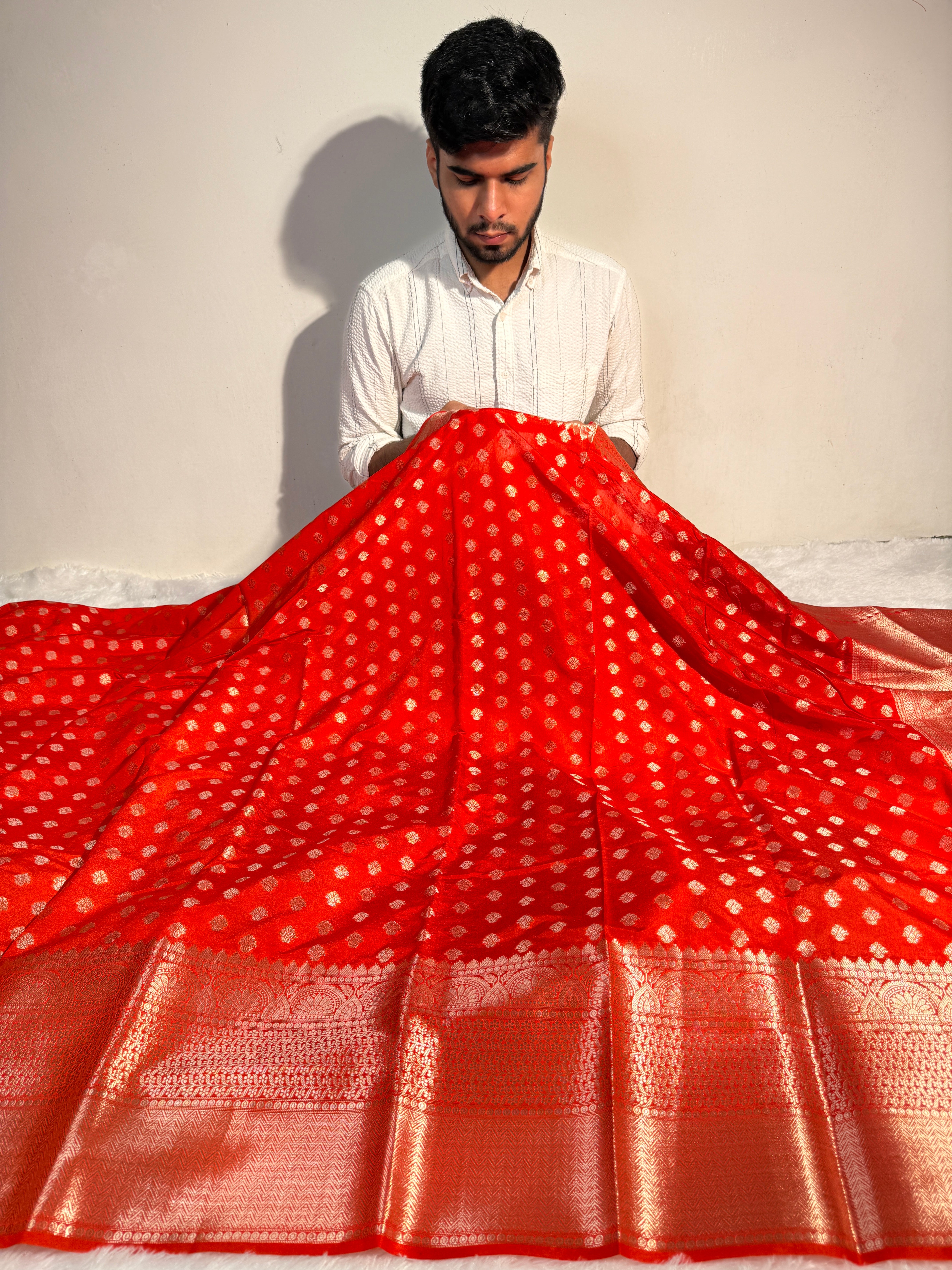 Ready To Wear Bright Orange Premium Chiniya Silk Banarasi Saree