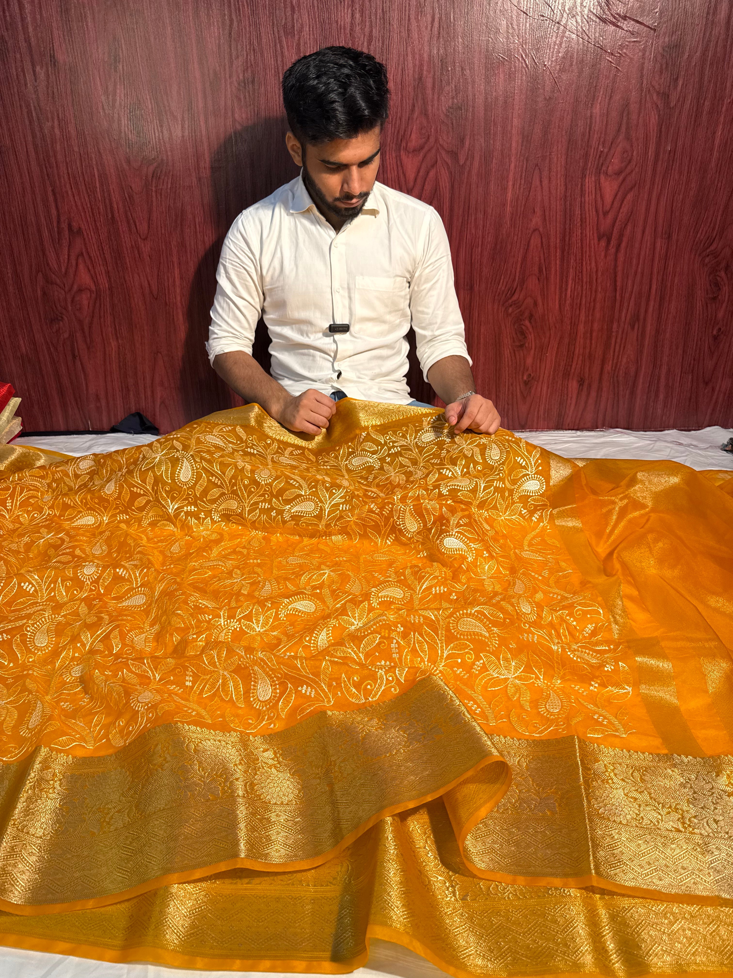 Yellow Chikankari Organza Silk Banarasi Saree