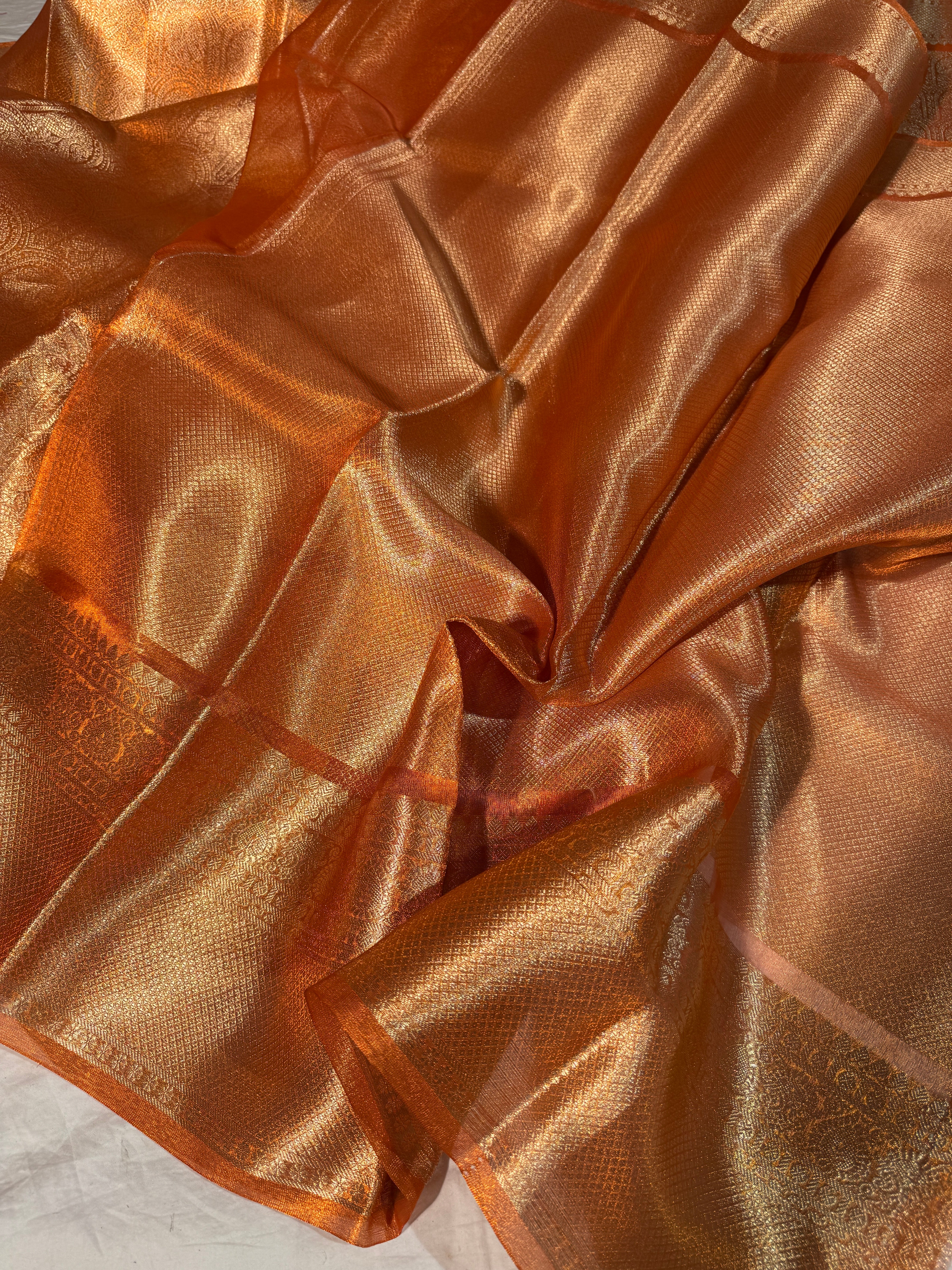 Metallic Orange Premium Kanjivaram Brocade Tissue Silk Banarasi Saree