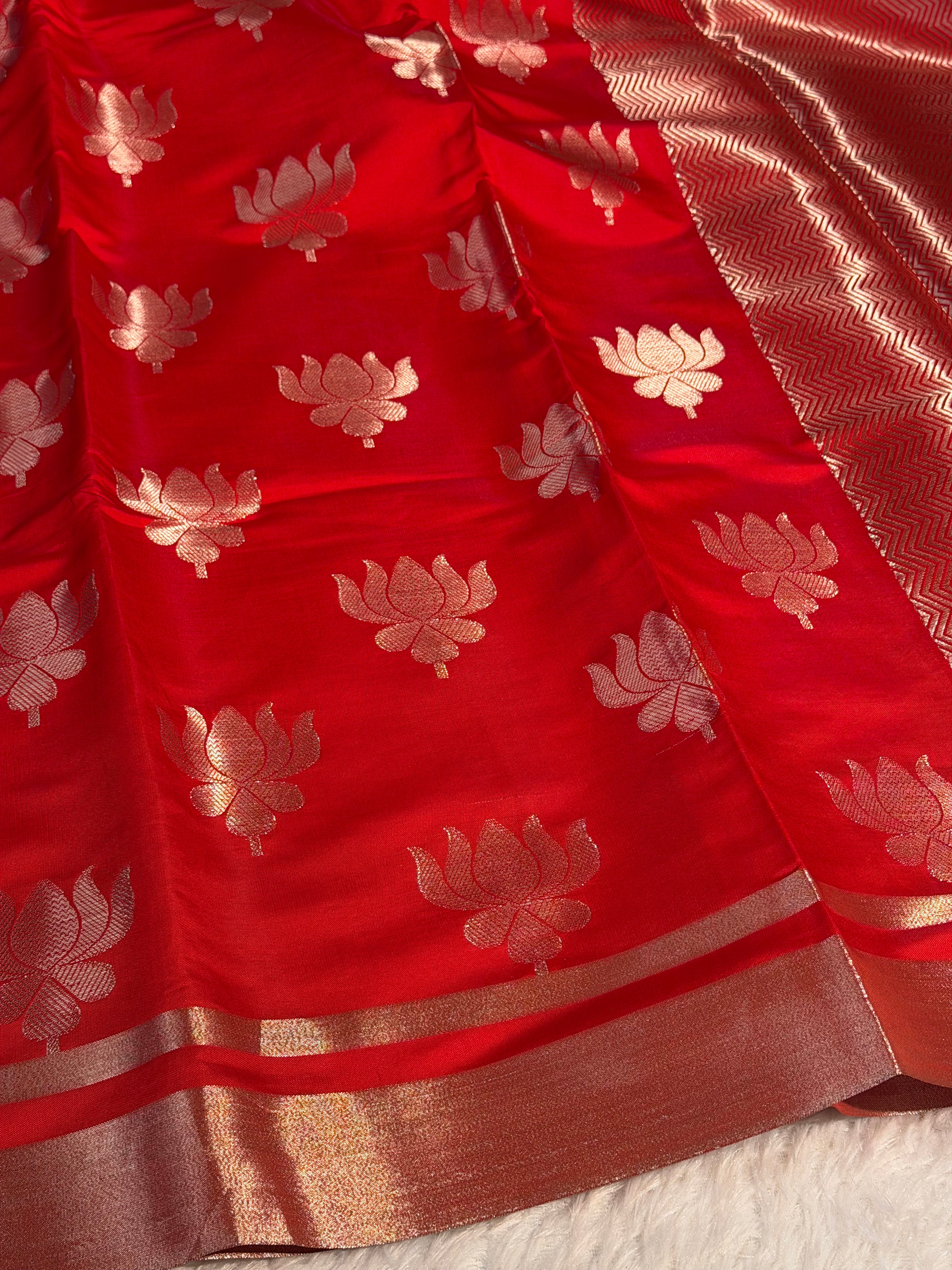 Bridal Red Premium Soft Katan Silk Banarasi Saree with Lotus Buta Weave