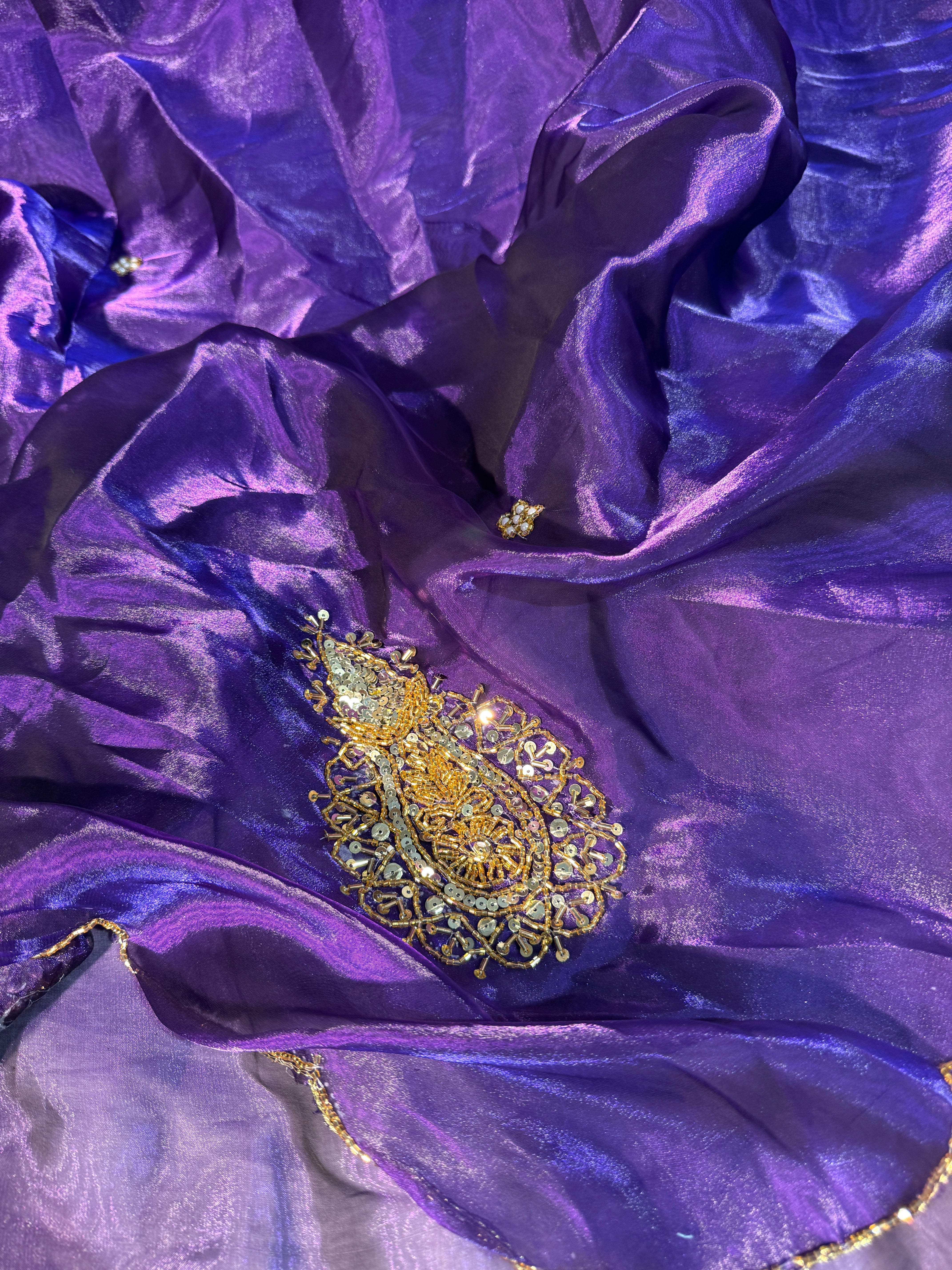 Baigani Shade Premium Shimmery Tissue Silk Handwork Saree