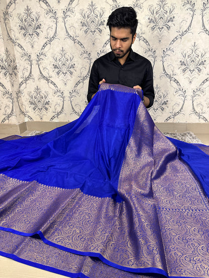 Exclusive Royal Blue Soft Kaath Bandh Weave Warm Silk Banarasi Saree