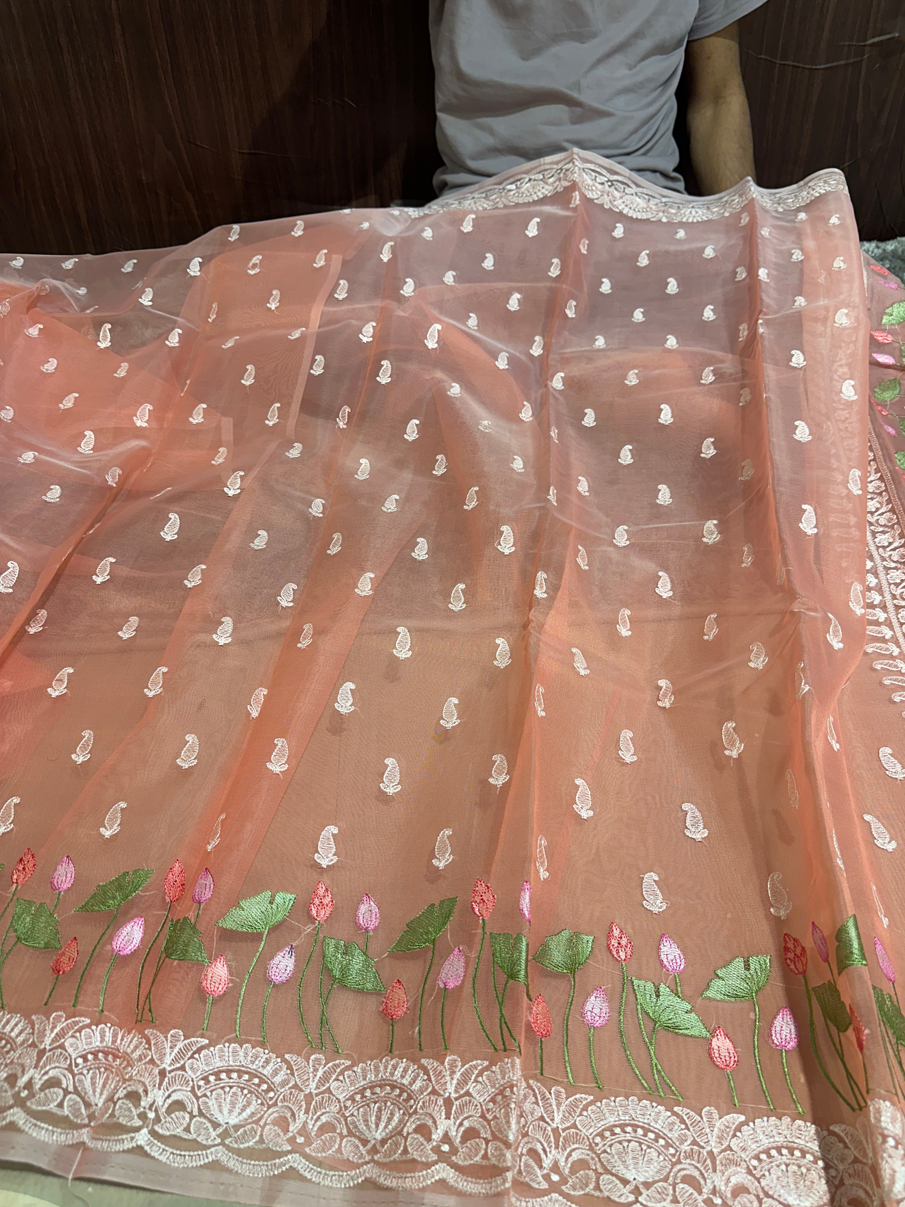 Pretty Peach Multi Floral Chikankari Banarasi Organza Silk Saree