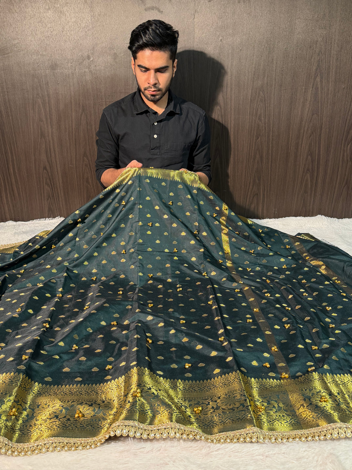 Viral Ghungroo Handwork Bottlegreen Premium Katan Silk Banarasi Saree