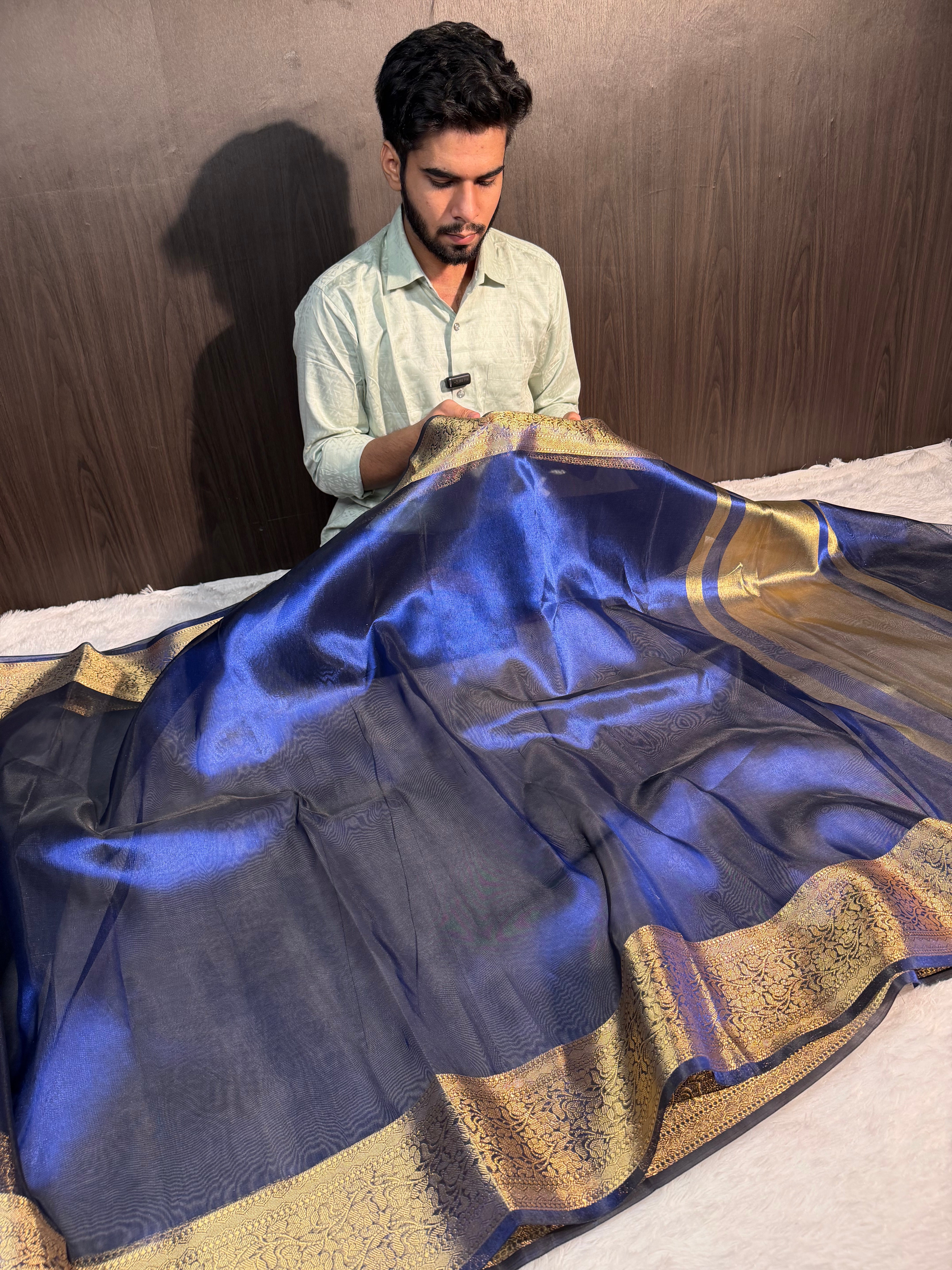 Metallic Blue Premium Banarasi Tissue Silk Saree with Traditional Weave Borders