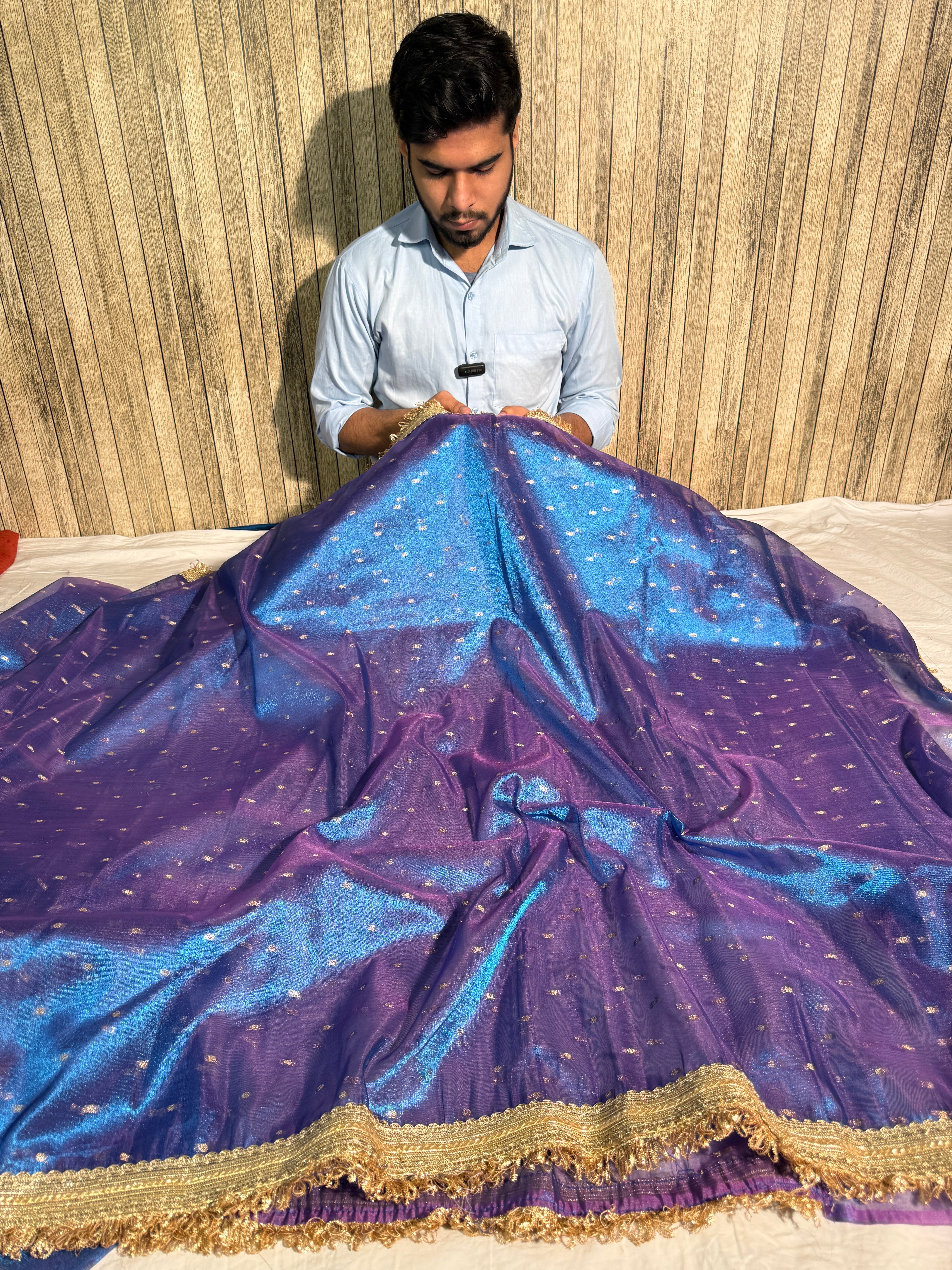 Metallic Firozi Blue Premium Tissue Silk Lace Attached Banarasi Saree