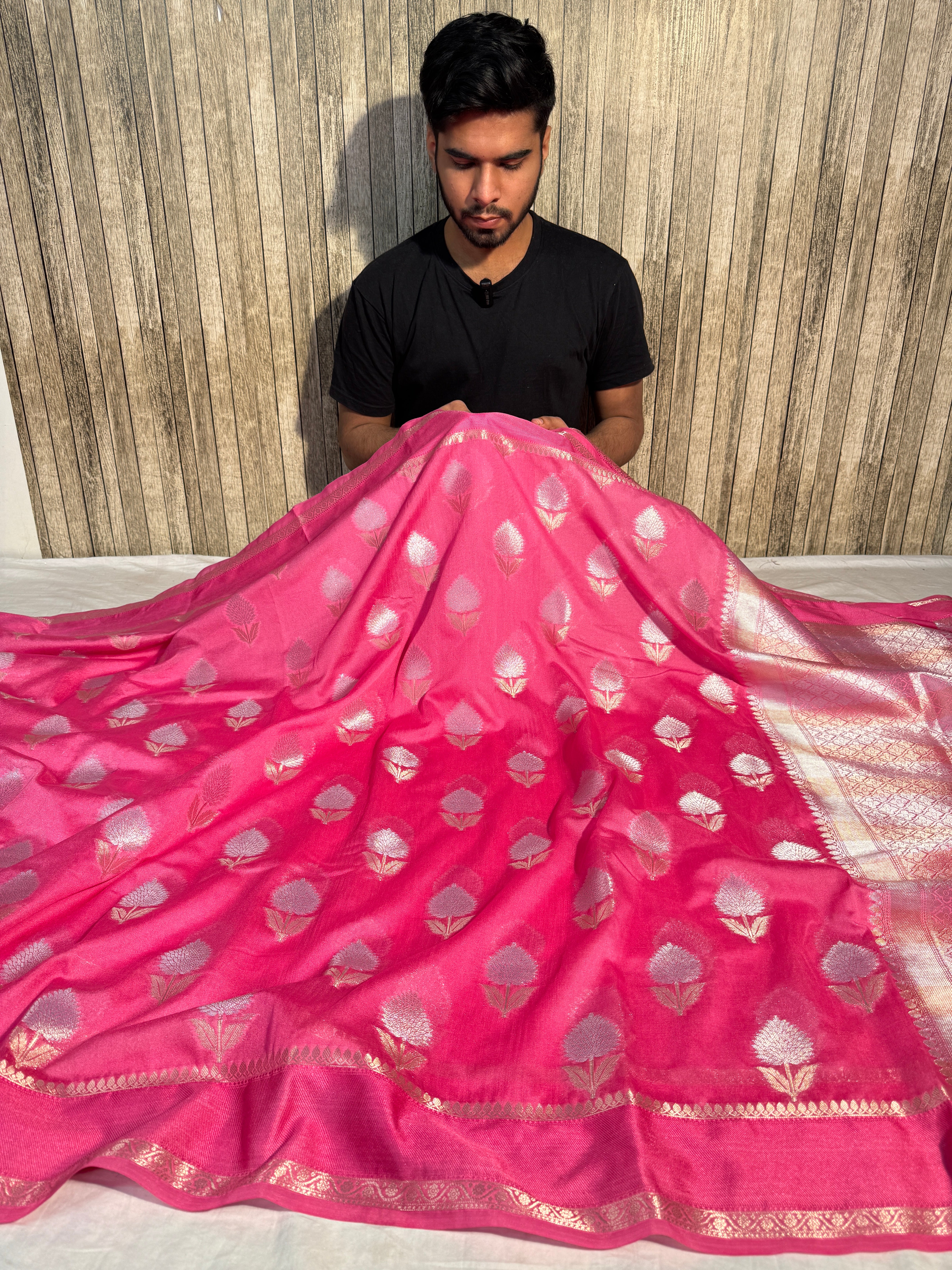 Pastel Pink Premium Chiniya Silk Banarasi Saree with Meenakari Buta