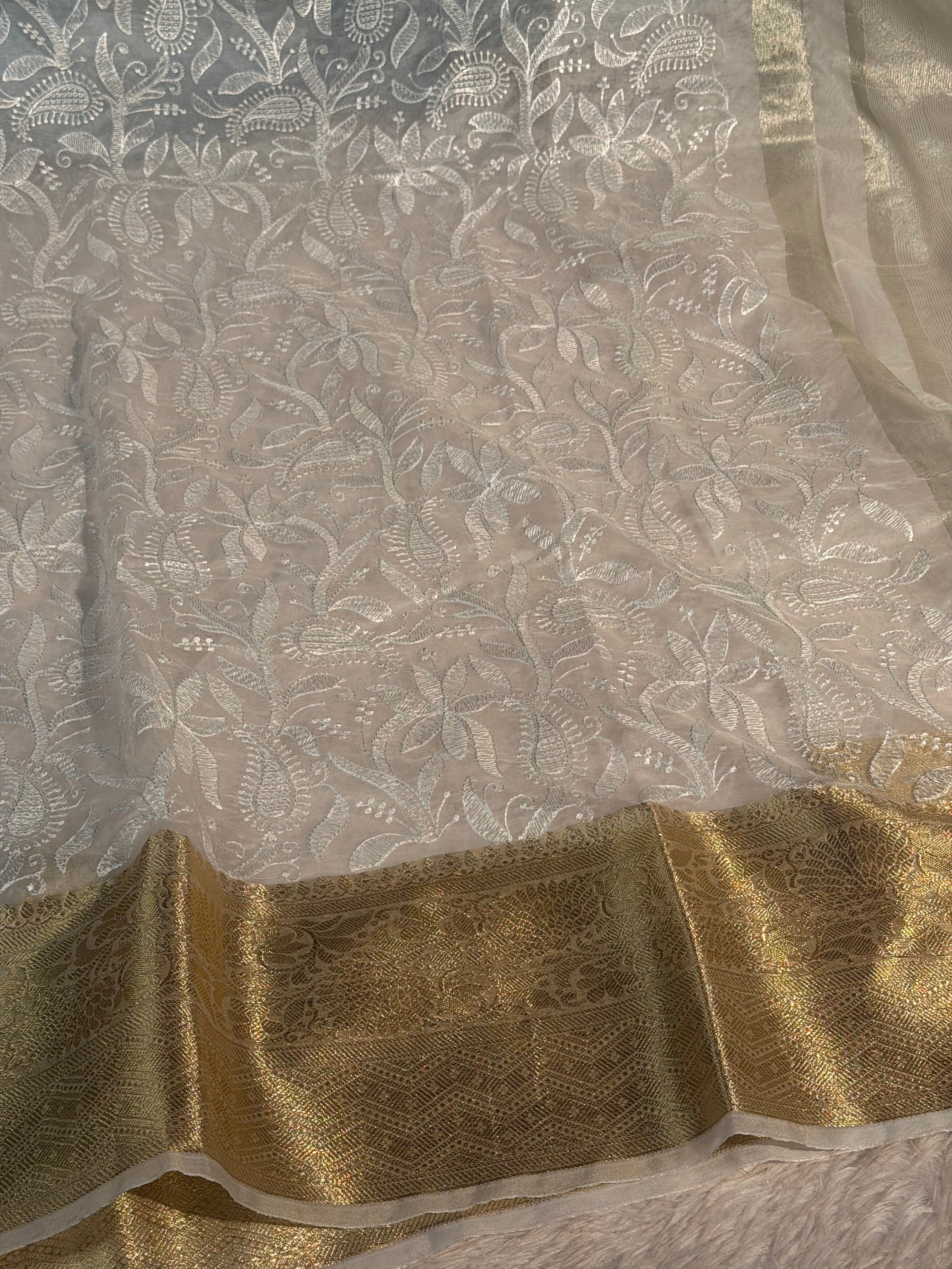 Rare Masterpiece Premium White Chikankari Organza Silk Banarasi Saree