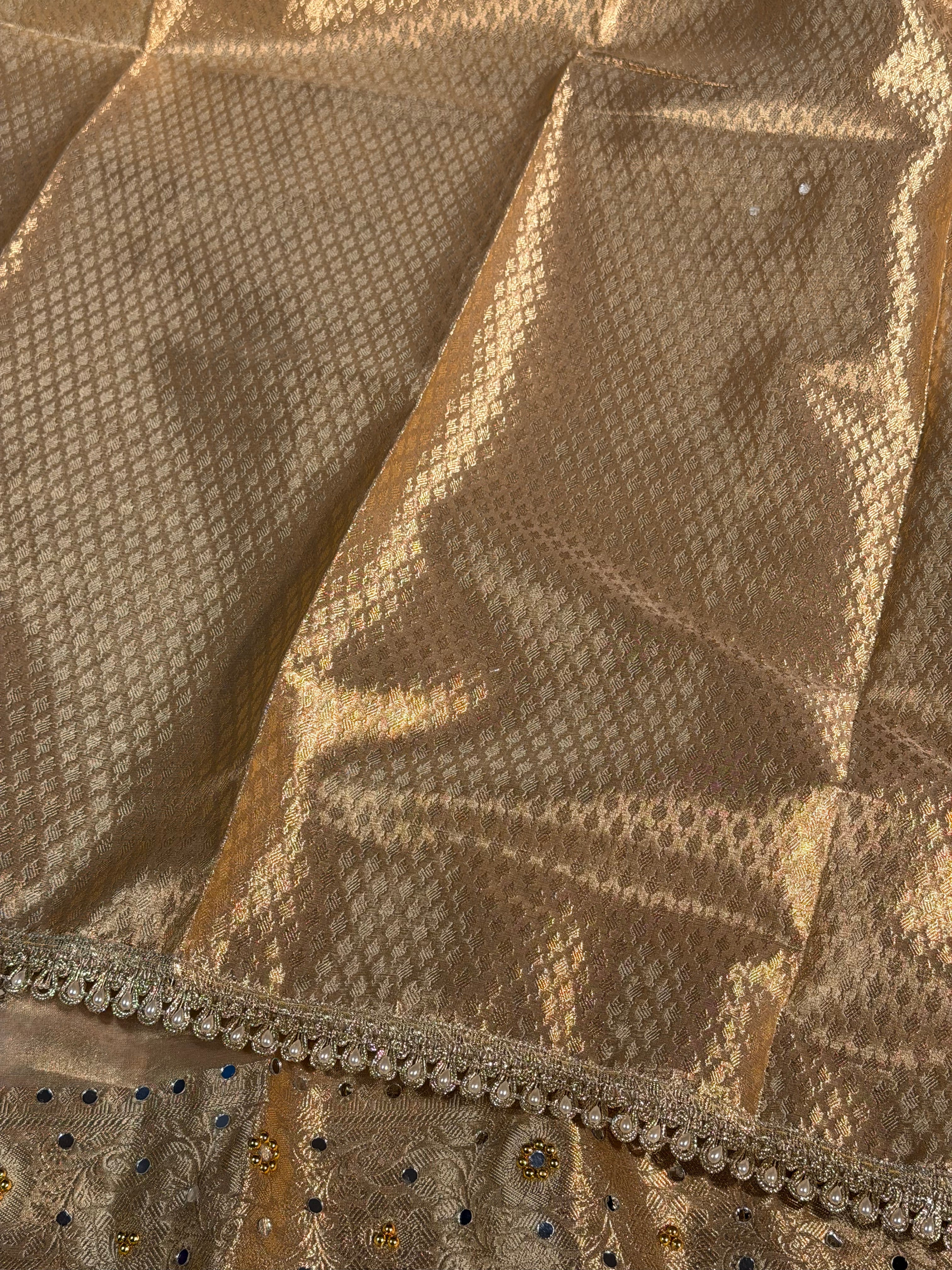 Metallic Ivory Gold Premium Tissue Silk Saree Hand Mirror Work with Lace Attached