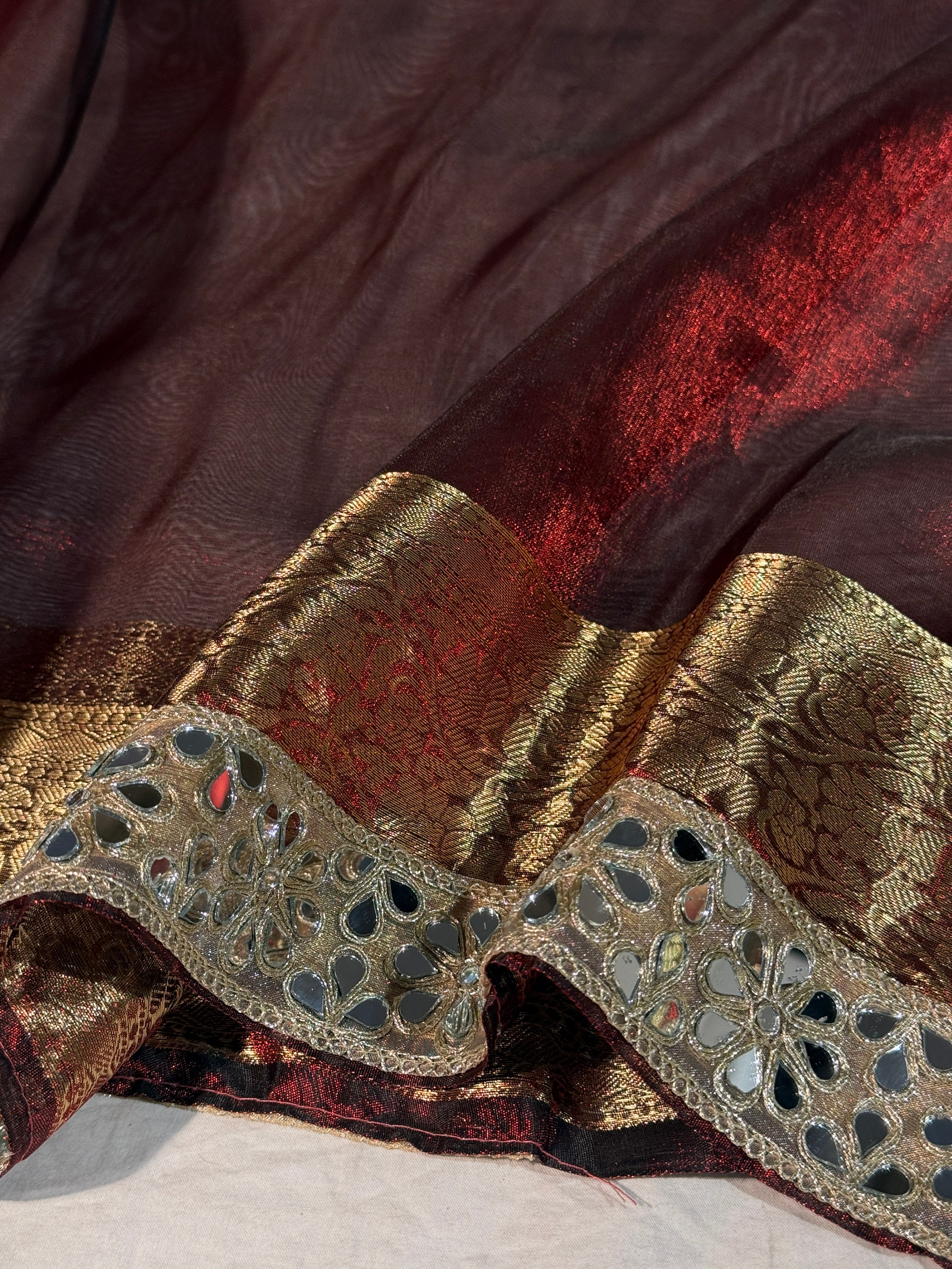 Metallic Maroon Premium Tissue Silk Mirror Lace Work Banarasi Saree