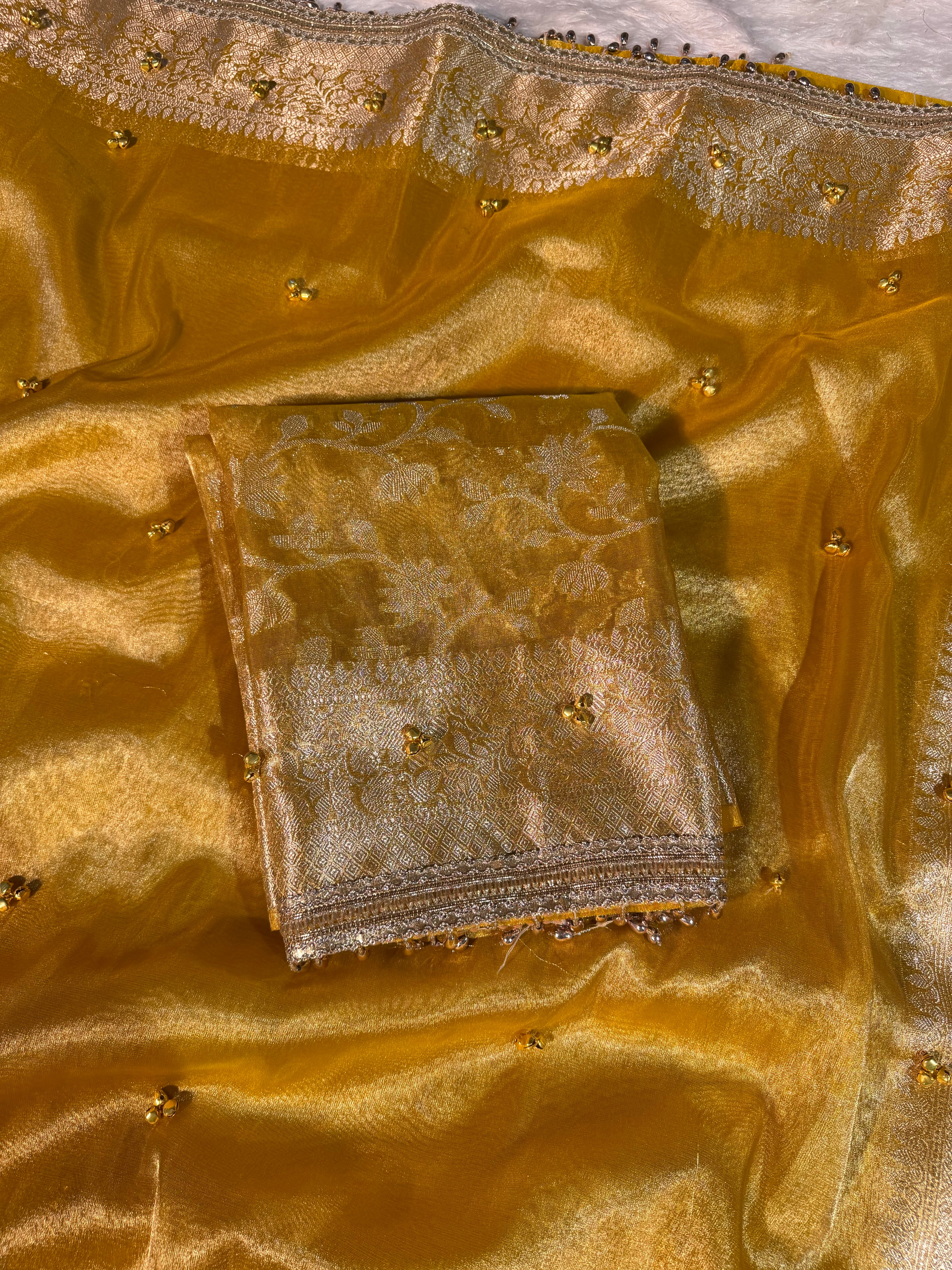 Ghungroo Handwork Metallic Gold Premium Tissue Silk Banarasi Saree