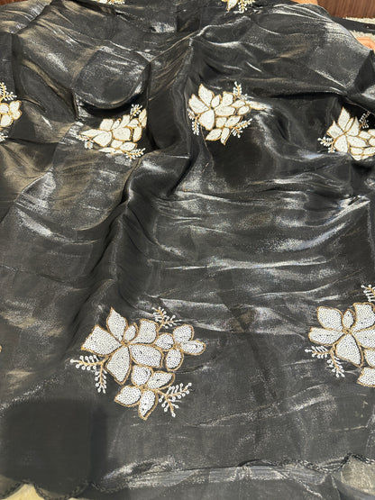 Black Bridal Tissue Silk Saree With Premium Sequence work