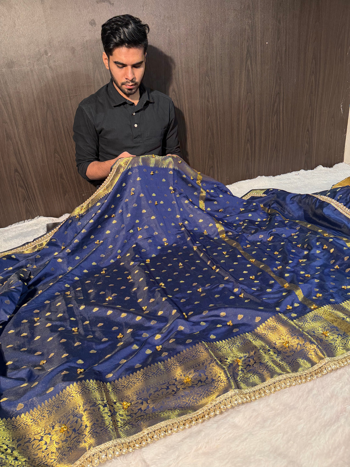 Viral Ghungroo Handwork Navy Blue Shade Premium Katan Silk Banarasi Saree